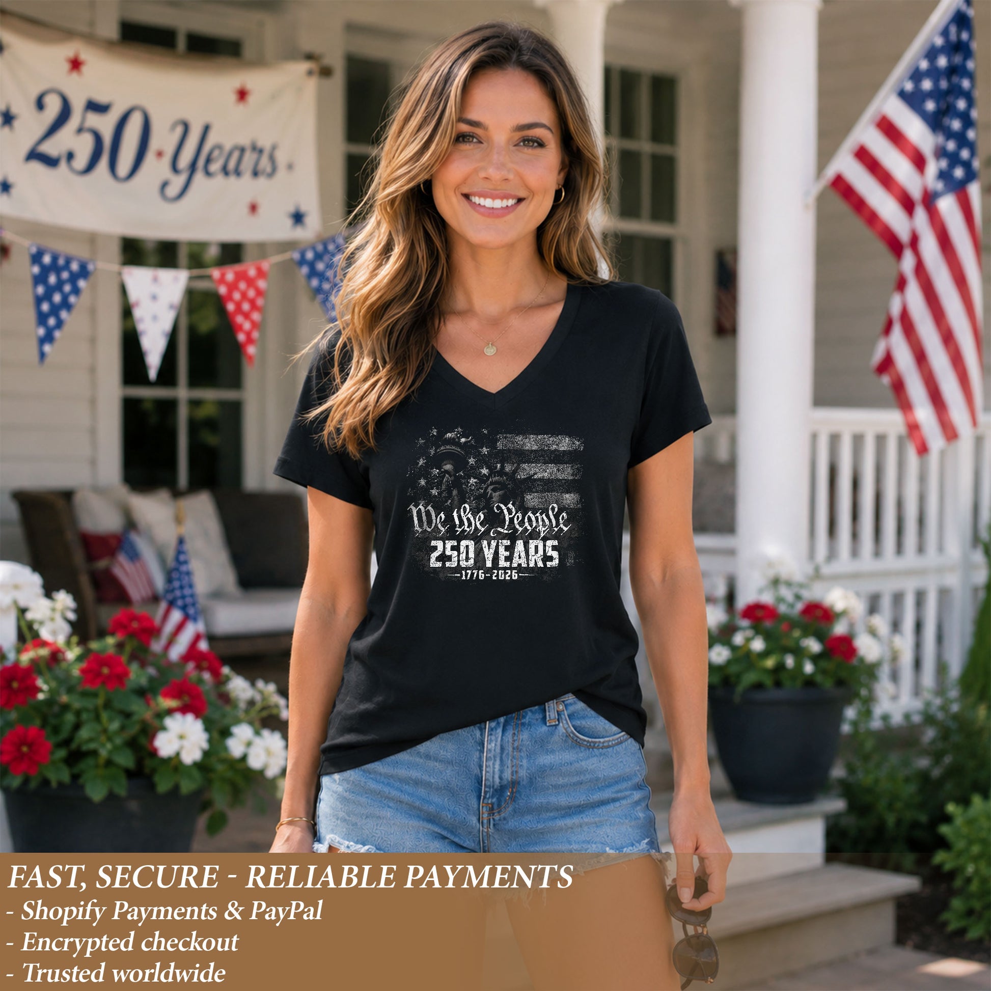 Women's Statue of Liberty V-Neck Tee "We The People" 1776-2026 Patriotic Apparel - Rust Field Wear