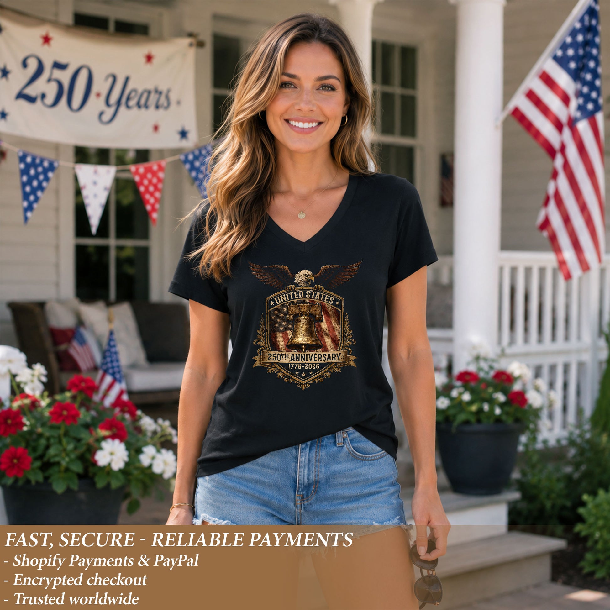 Women's Graphic V-Neck T-Shirt US 250 Years 1776-2026 Anniversary Patriotic Design - Rust Field Wear