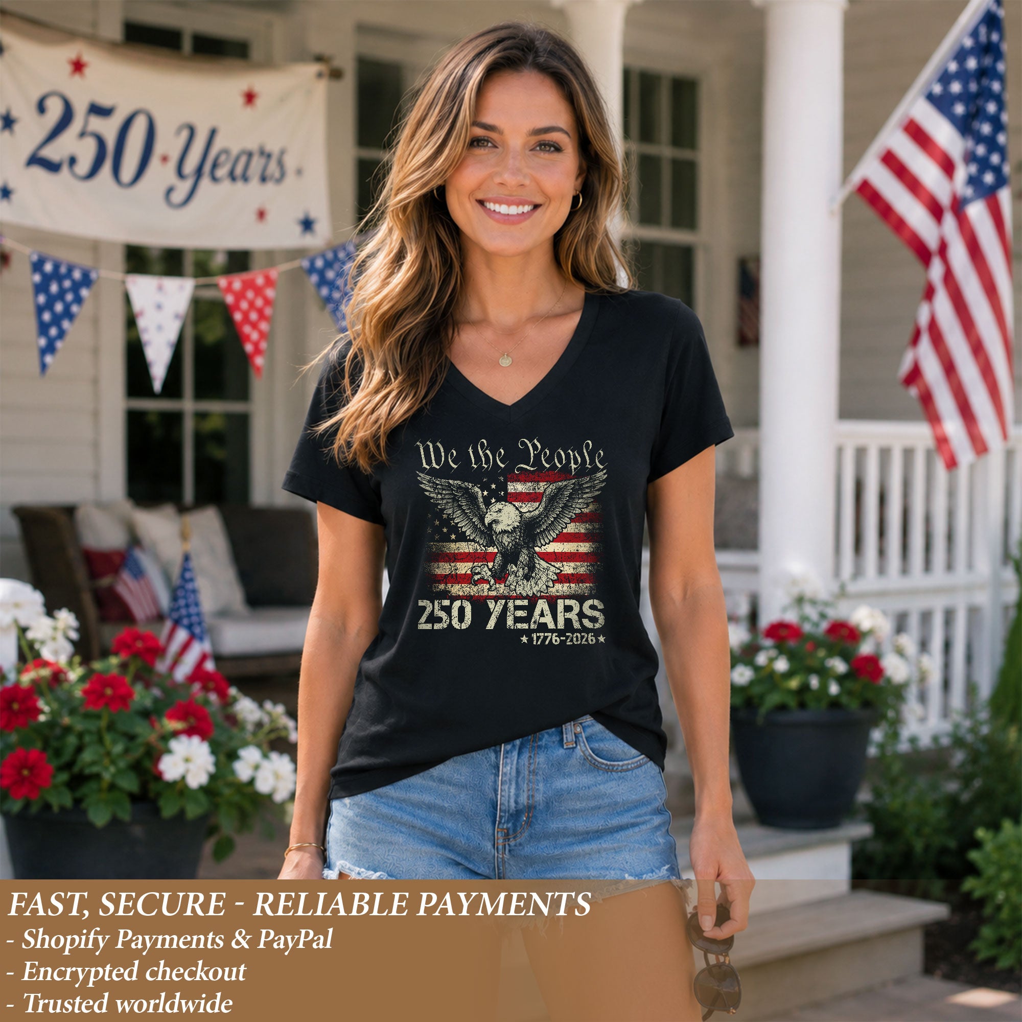Patriotic We The People Eagle V-Neck T-Shirt Women 1776-2026 Historical Graphic Top - Rust Field Wear