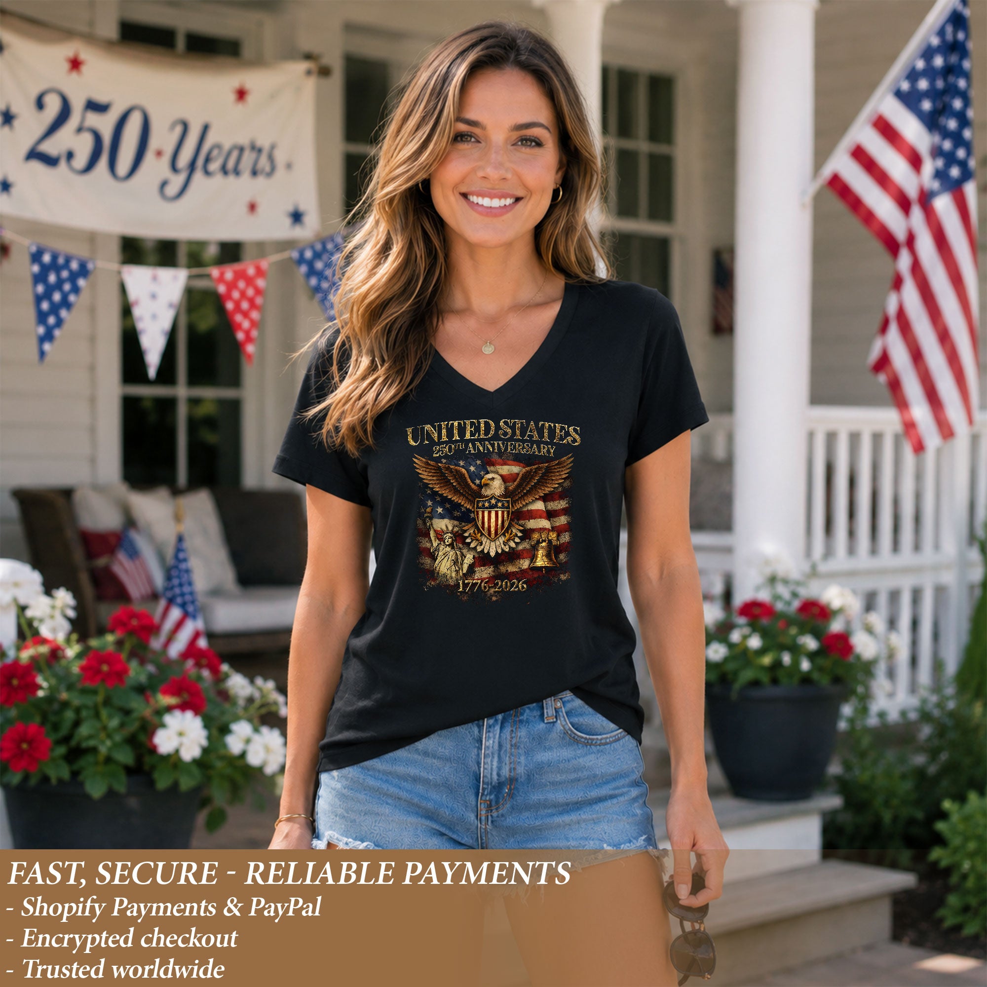 Women's V-Neck Graphic T-Shirt Eagle Statue of Liberty 1776-2026 Patriotic Apparel - Rust Field Wear
