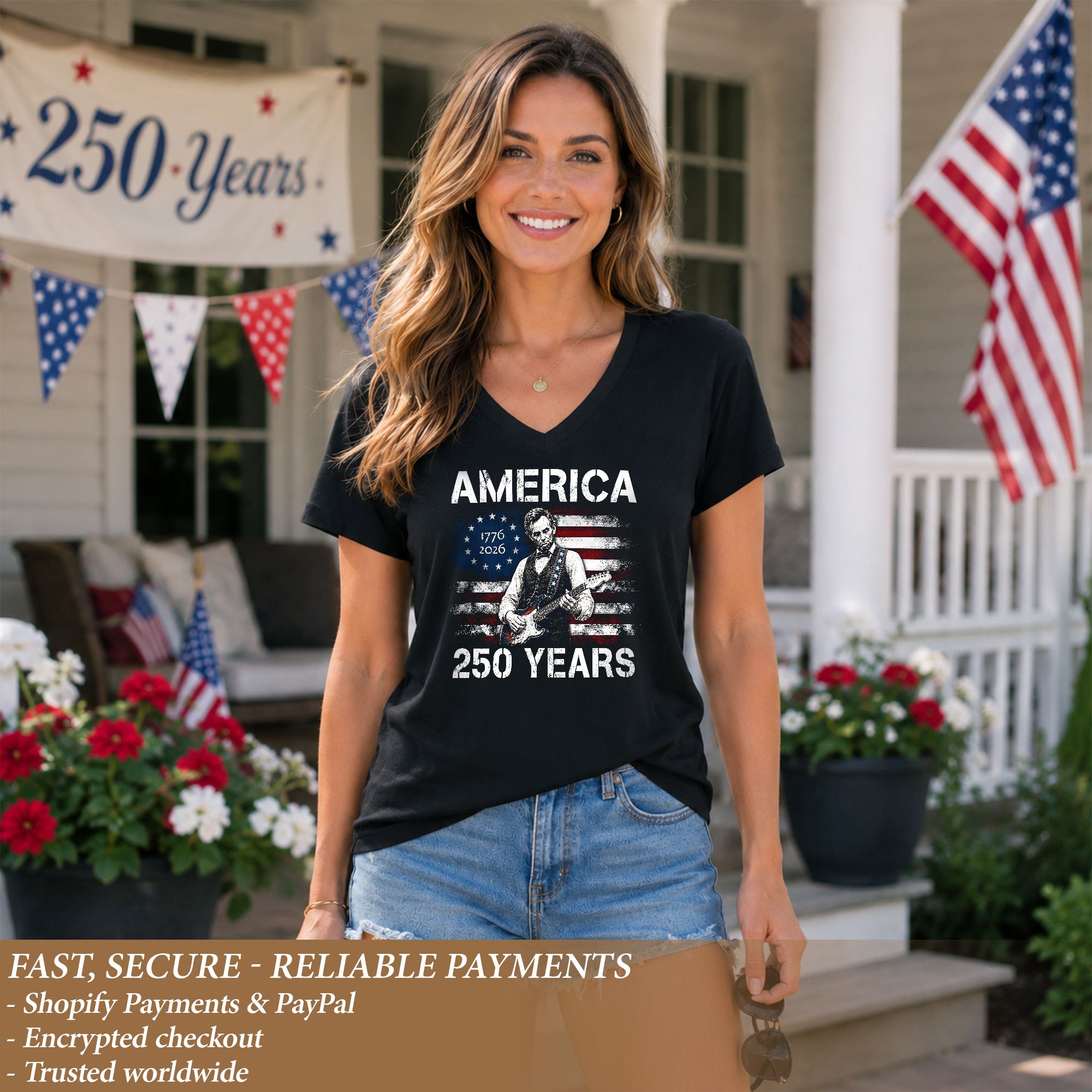 Rock Lincoln V Neck T-Shirt Patriotic 1776-2026 America 250 Years Women Graphic