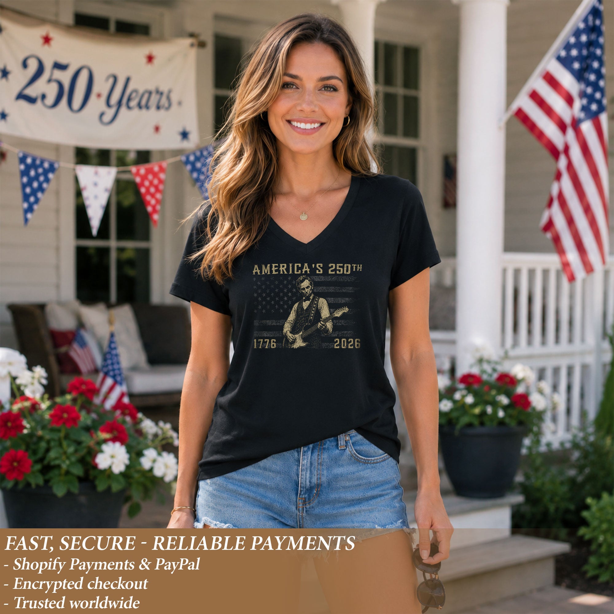 Lincoln Guitar V Neck T-Shirt Patriotic 1776-2026 America 250th Tee Graphic