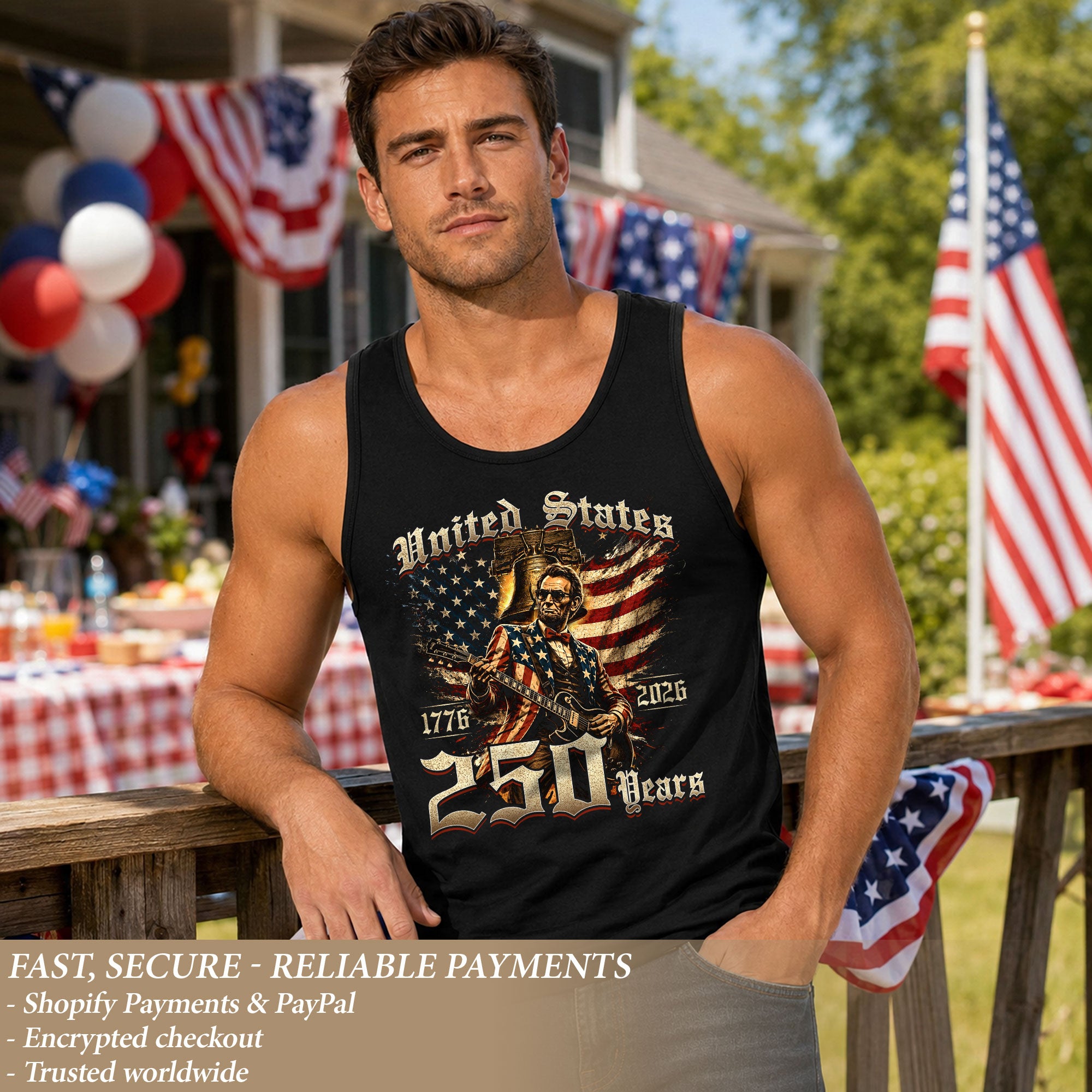 Patriotic Men's Tank Top Lincoln Guitar Graphic Print 1776-2026 Historical Style Shirt