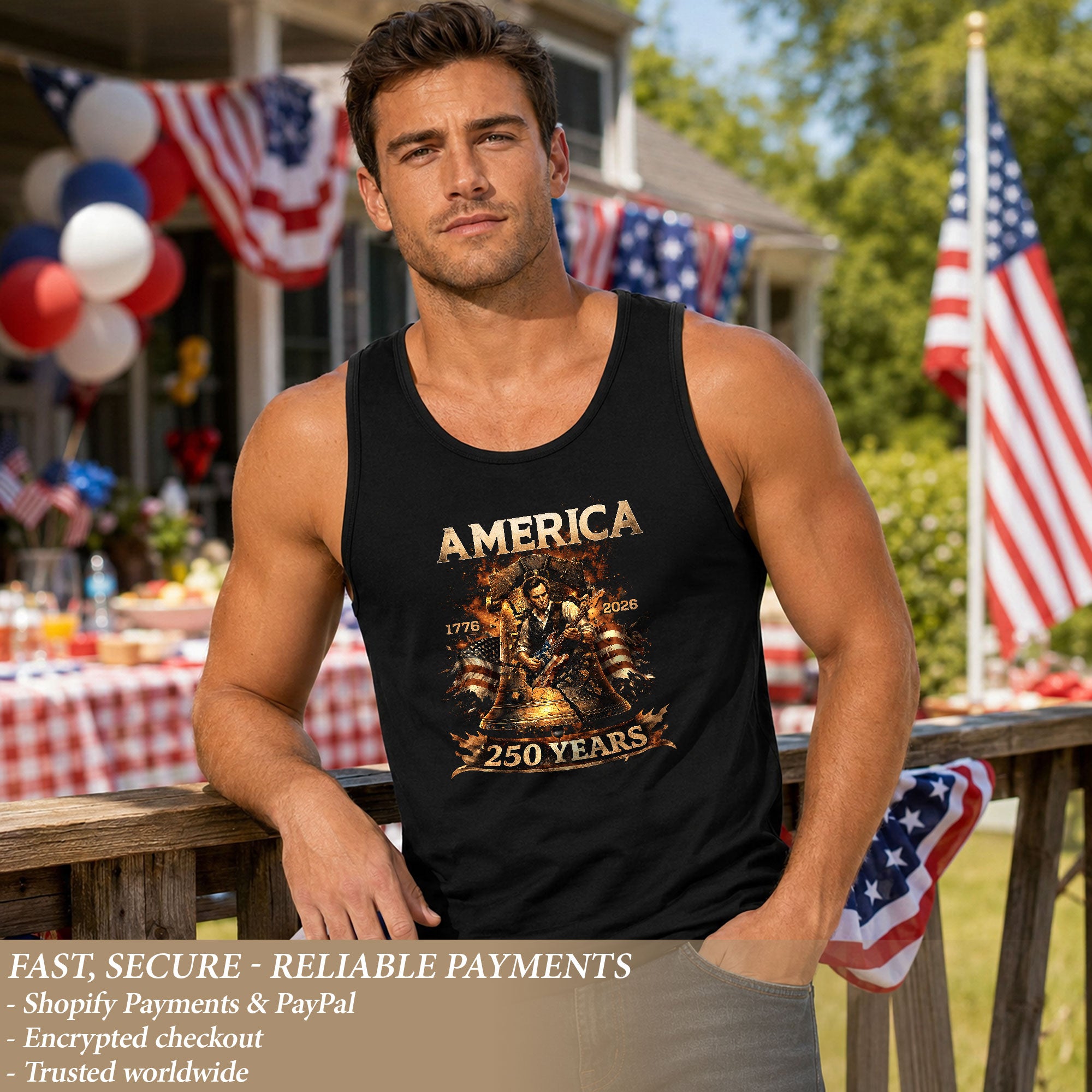 Men's Tank Top Patriotic Guitarist Bell Graphic 1776-2026 Historical Style Sleeveless Tee