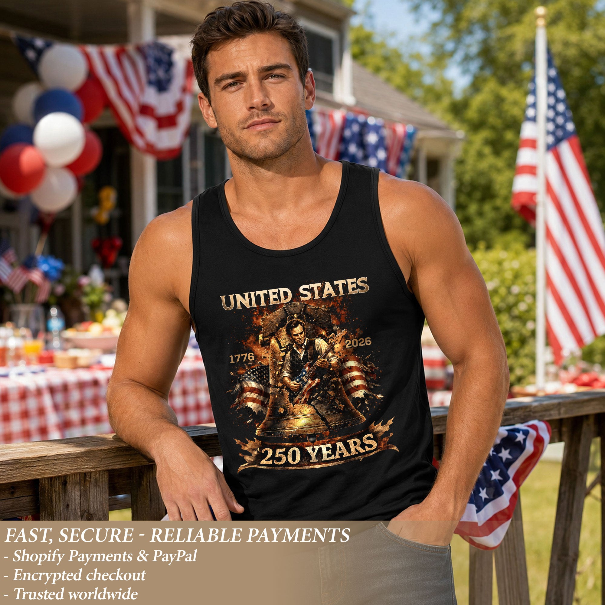Men's Tank Top Patriotic Guitarist Bell Graphic 1776-2026 Historical Style Sleeveless Tee
