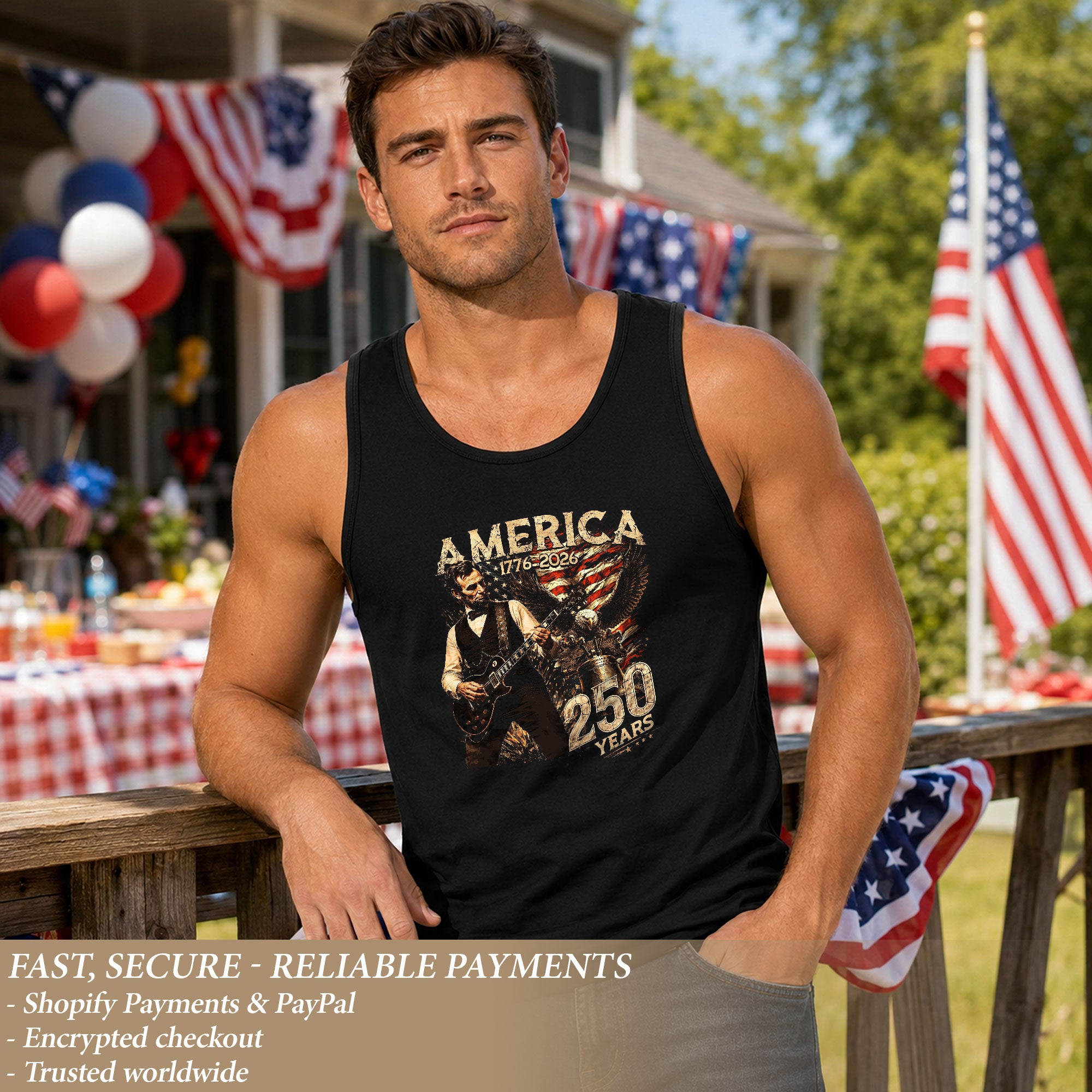Men's Patriotic Tank Top Abraham Lincoln Guitar Graphic 1776-2026 Historical Style Tee