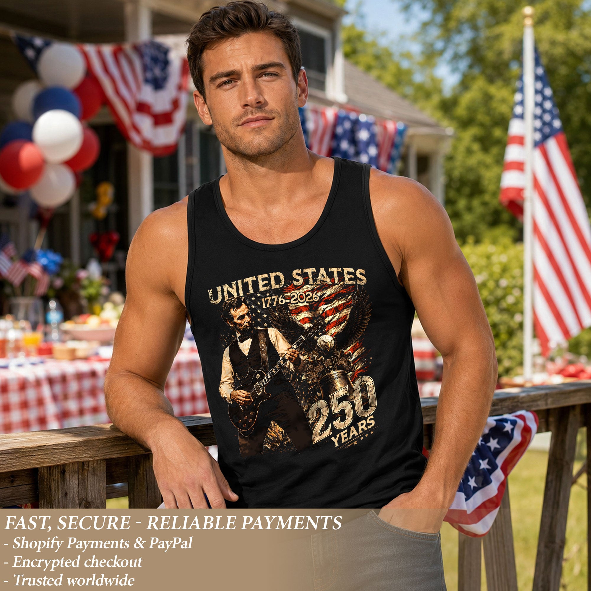 Men's Patriotic Tank Top Abraham Lincoln Guitar Graphic 1776-2026 Historical Style Tee