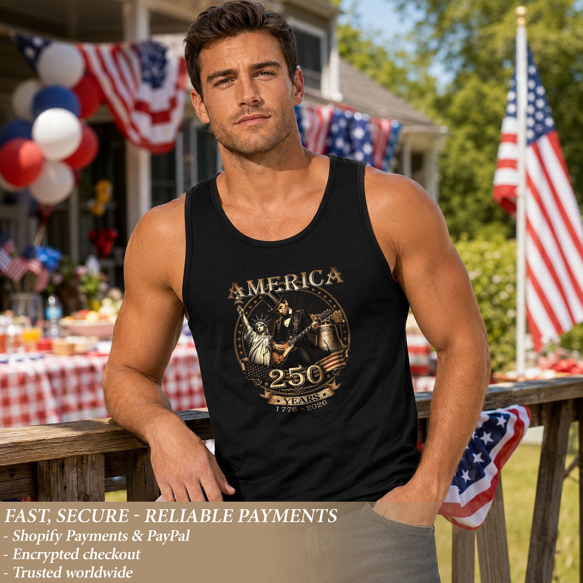 Men's Graphic Tank Top Abraham Lincoln Statue of Liberty 1776-2026 Patriotic Tee
