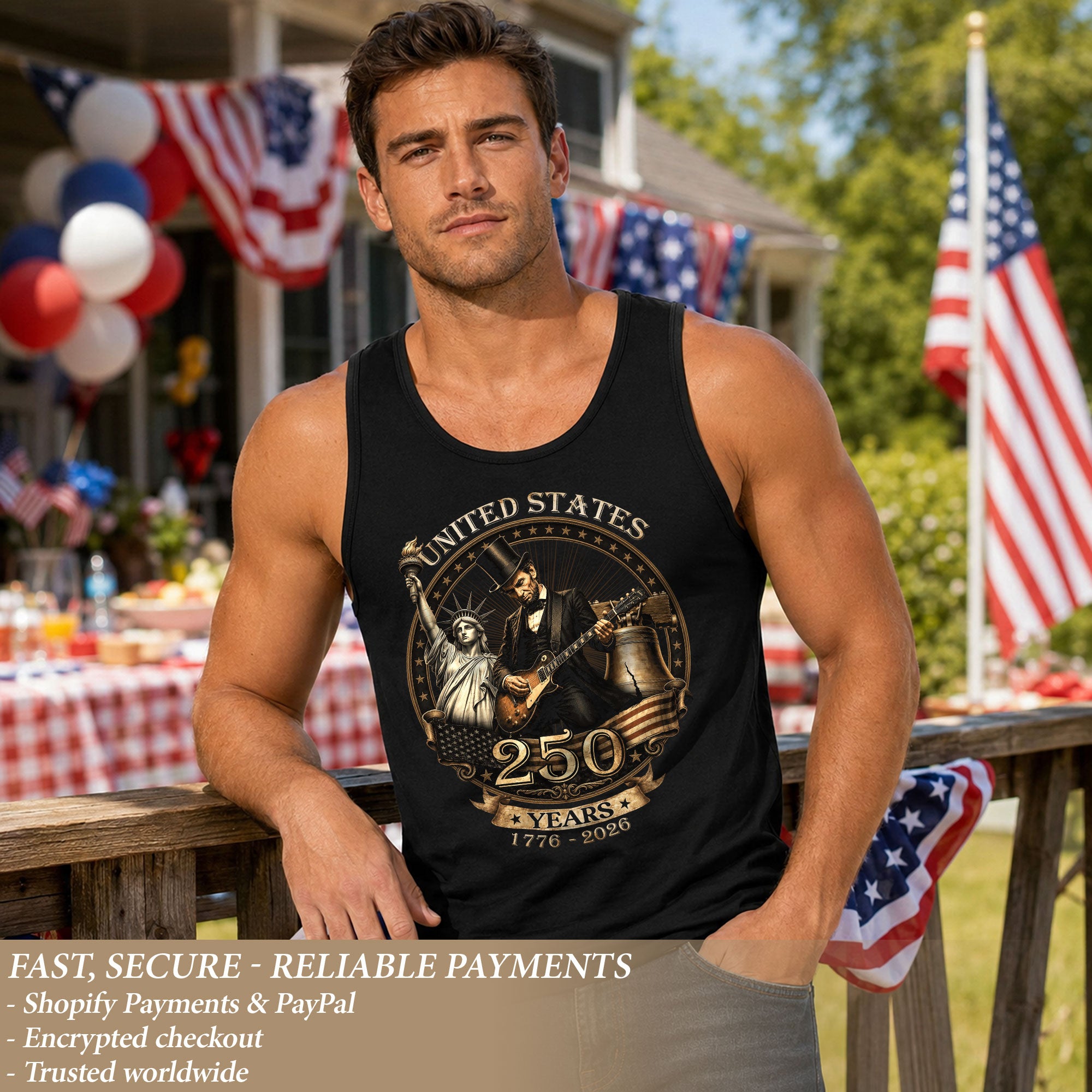 Men's Graphic Tank Top Abraham Lincoln Statue of Liberty 1776-2026 Patriotic Tee