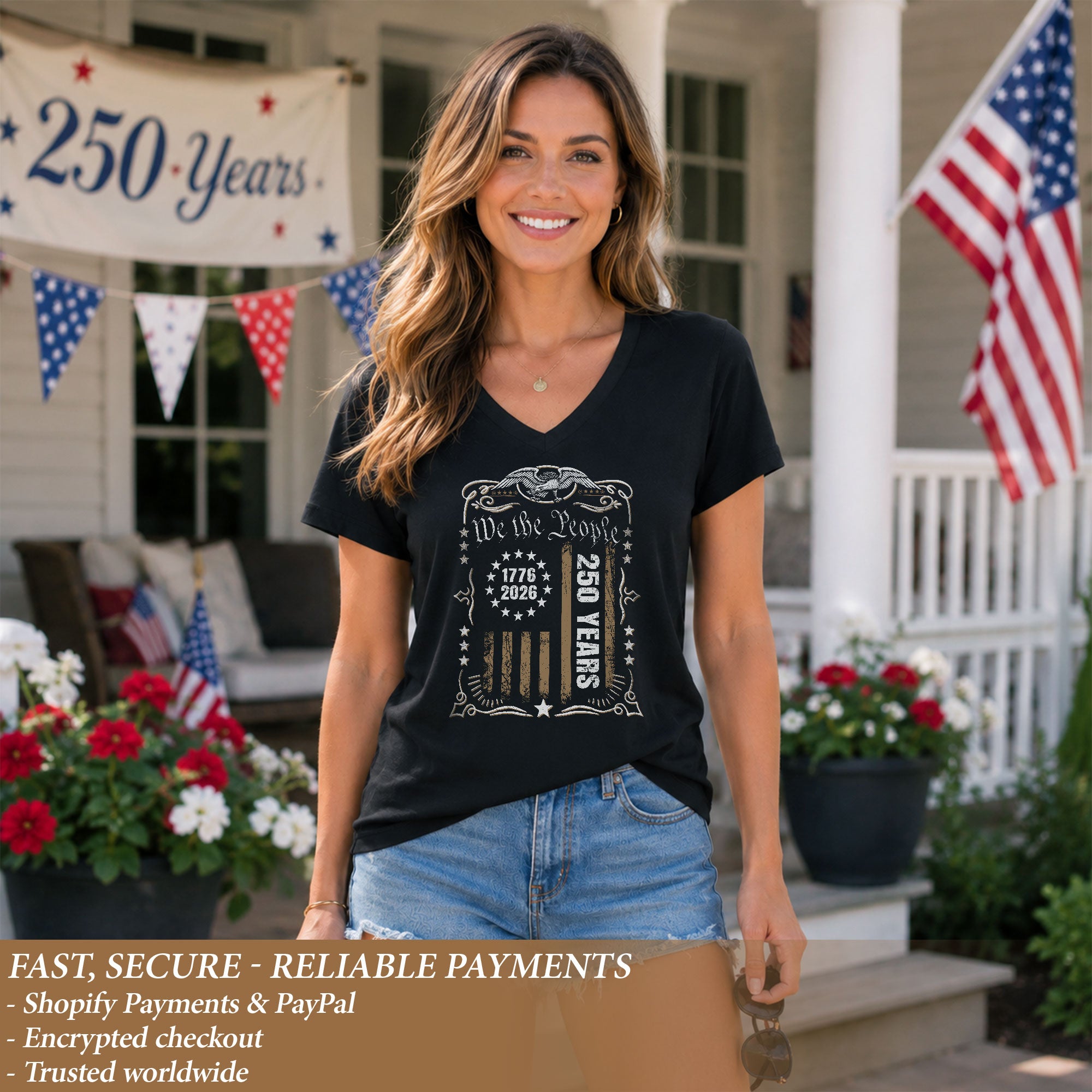 Patriotic 1776-2026 V-Neck Shirt Vintage We The People America 250 Years Womens Tee