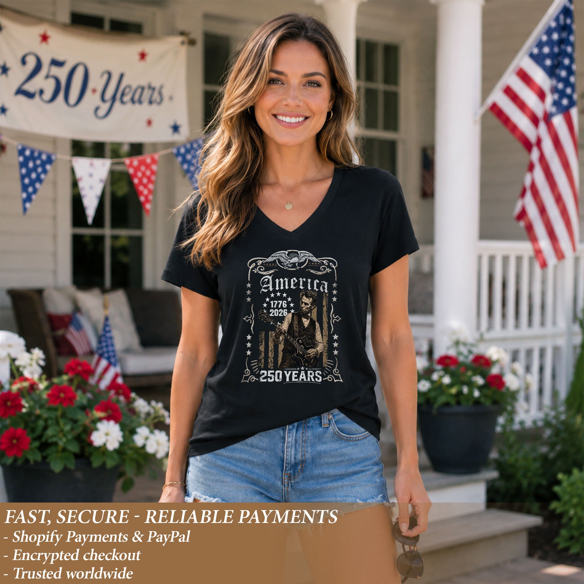 Patriotic Eagle Lincoln V-Neck Shirt Vintage 1776-2026 America 250 Years Women
