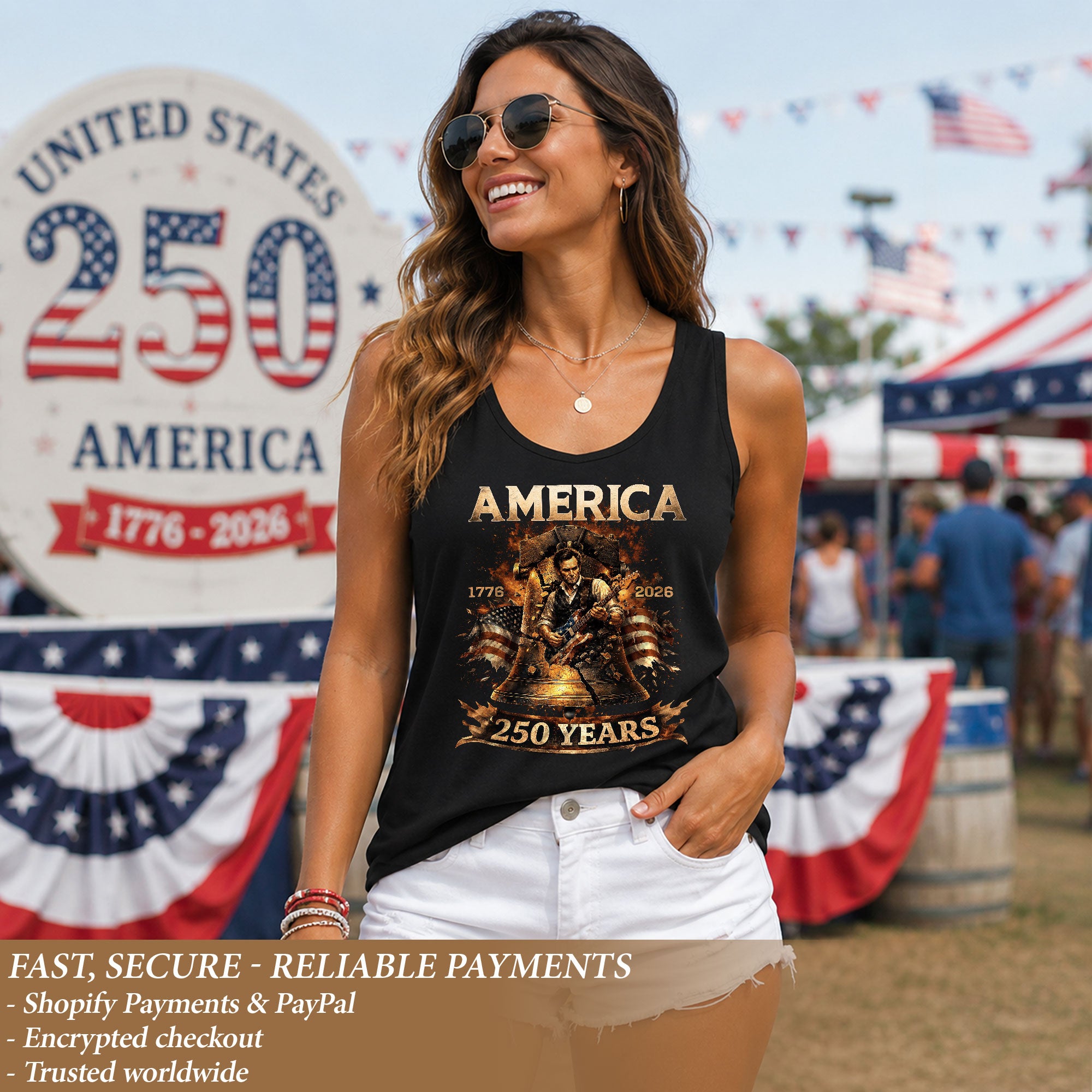 Lincoln Women Tank Top Liberty Bell Guitar Graphic 1776 2026 250 Years Patriotic Shirt