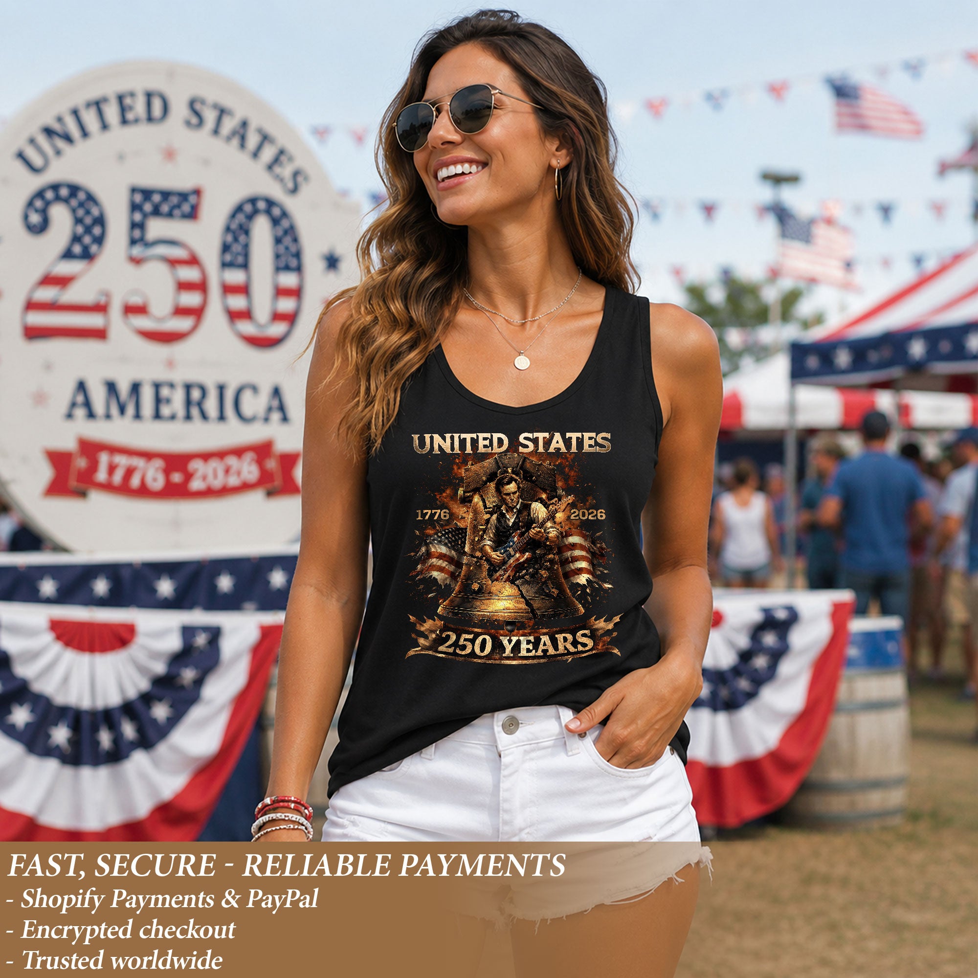 Lincoln Women Tank Top Liberty Bell Guitar Graphic 1776 2026 250 Years Patriotic Shirt - Rust Field Wear