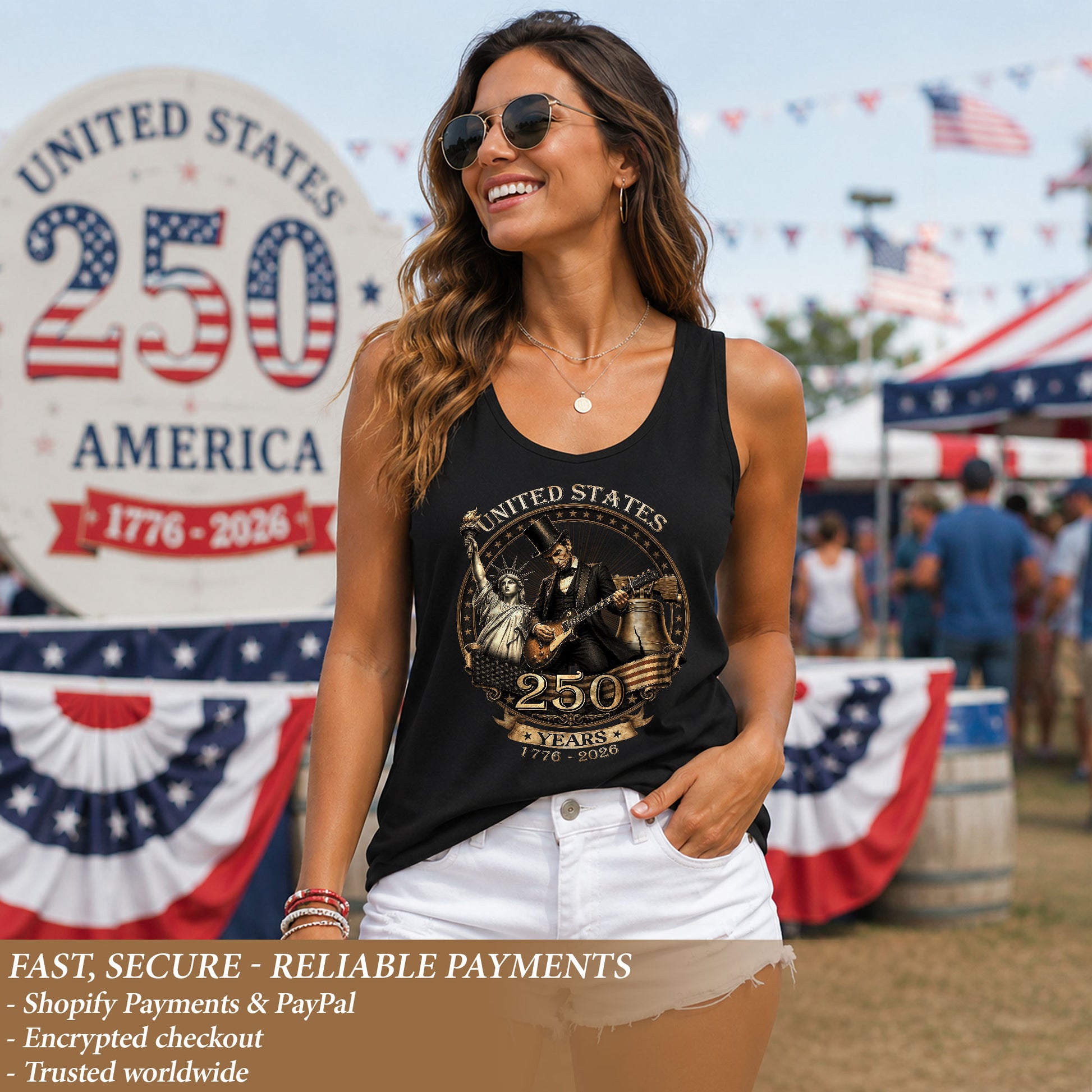 Abraham Lincoln Women Tank Top Statue of Liberty Guitar 1776 2026 250 Years Graphic Shirt - Rust Field Wear