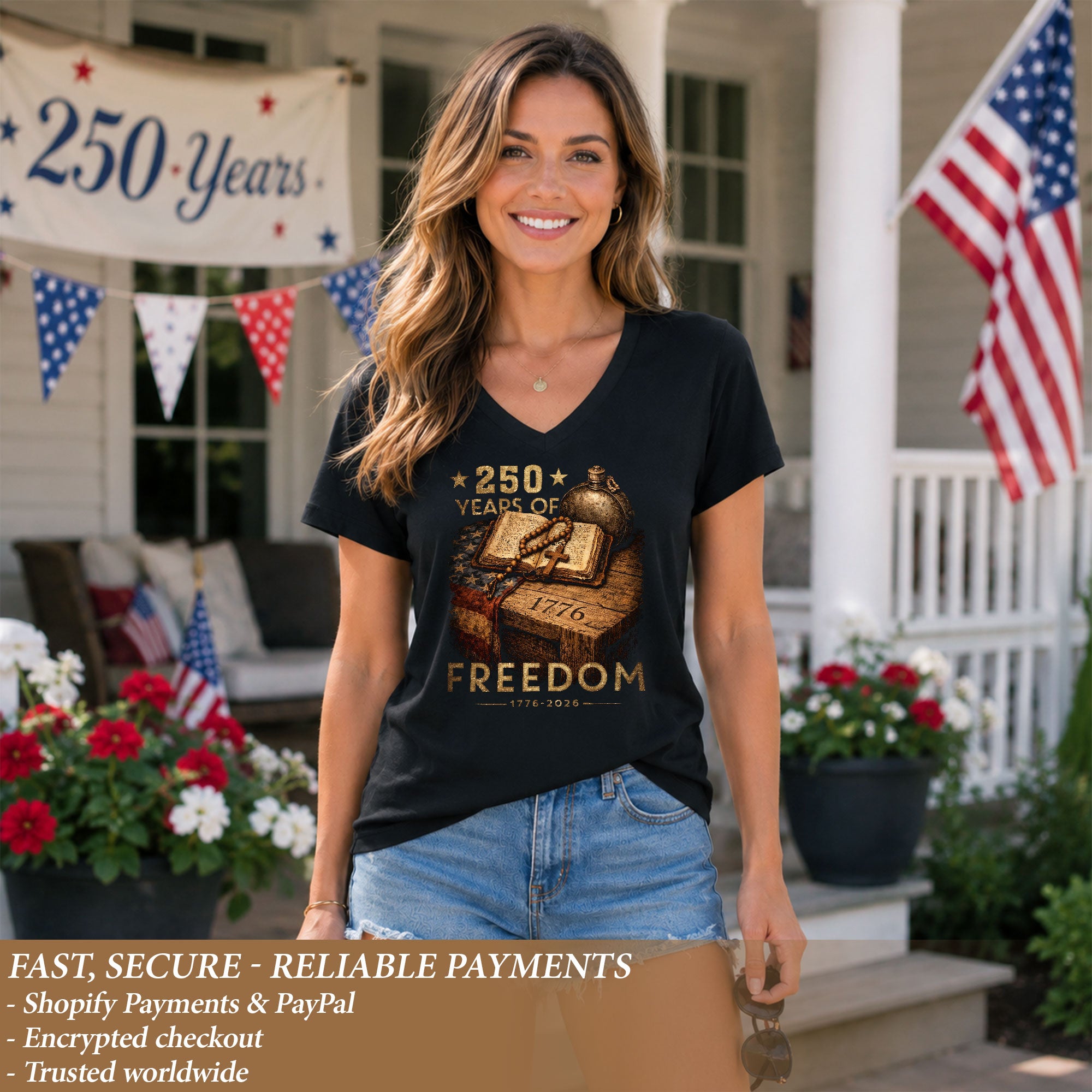 250 Years of Freedom Women's V-Neck T-Shirt 1776-2026 Patriotic Faith Tee - Rust Field Wear