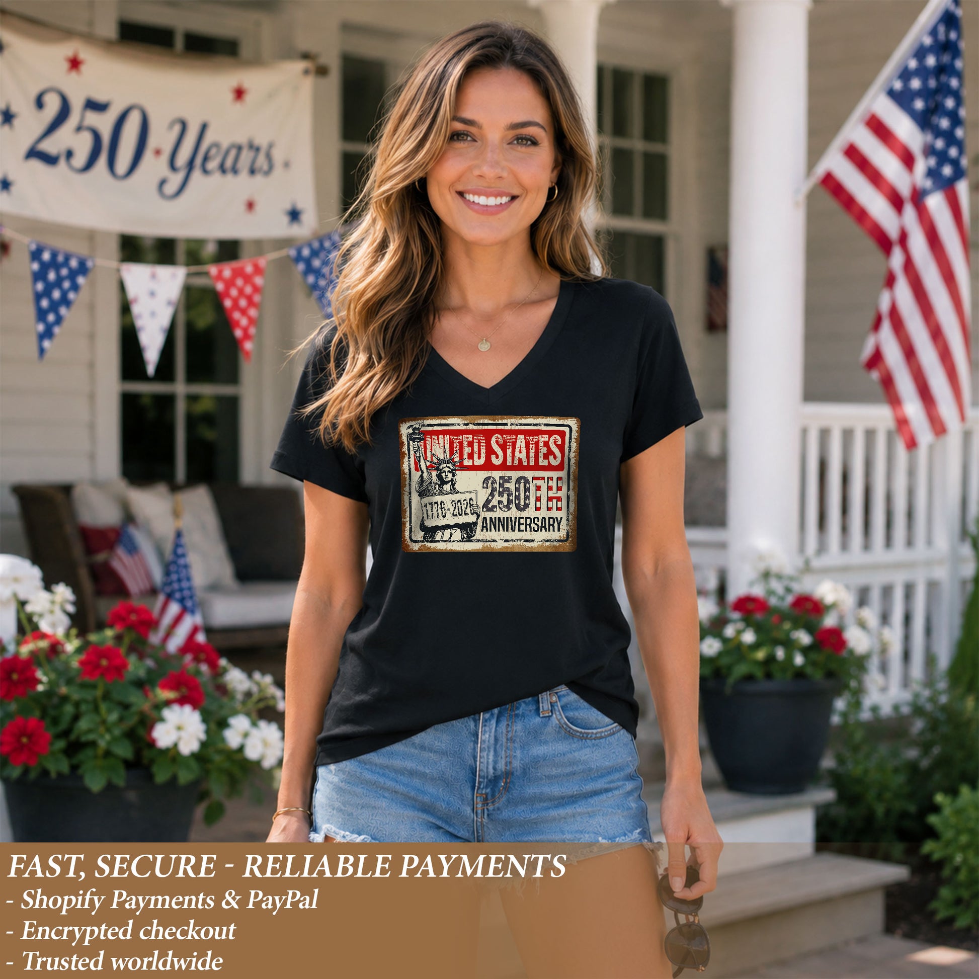 United States 250th Anniversary Women V-Neck T-Shirt 1776-2026 Patriotic Liberty Tee - Rust Field Wear