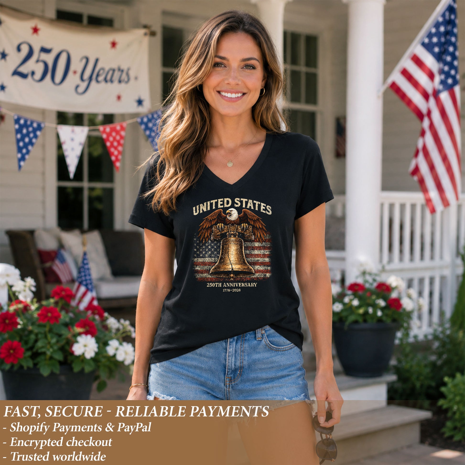 Women's United States 250th Anniversary V-Neck Shirt Eagle Liberty Bell Freedom Tee - Rust Field Wear