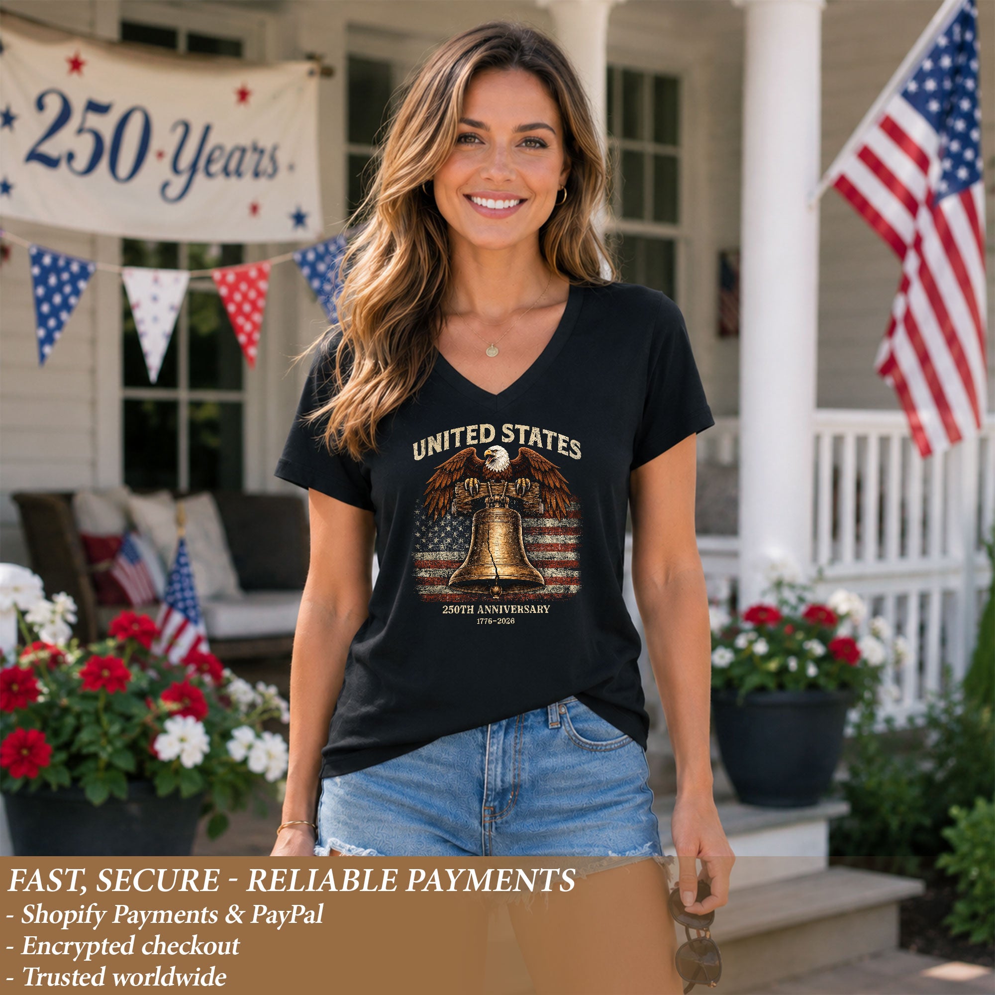 Women's United States 250th Anniversary V-Neck Shirt Eagle Liberty Bell Freedom Tee - Rust Field Wear