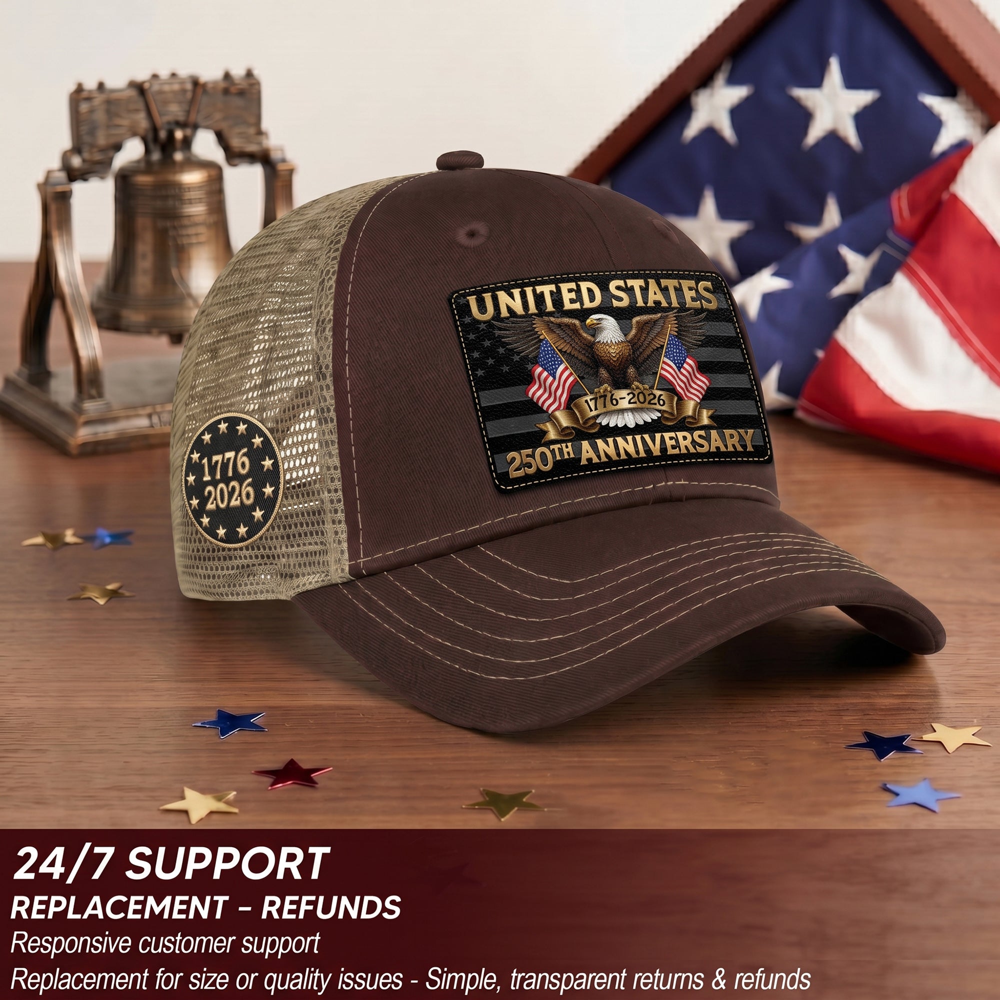 Brown Tan Mesh Back Cap Leather Patch 1776 to 2026 Structured Anniversary Hat