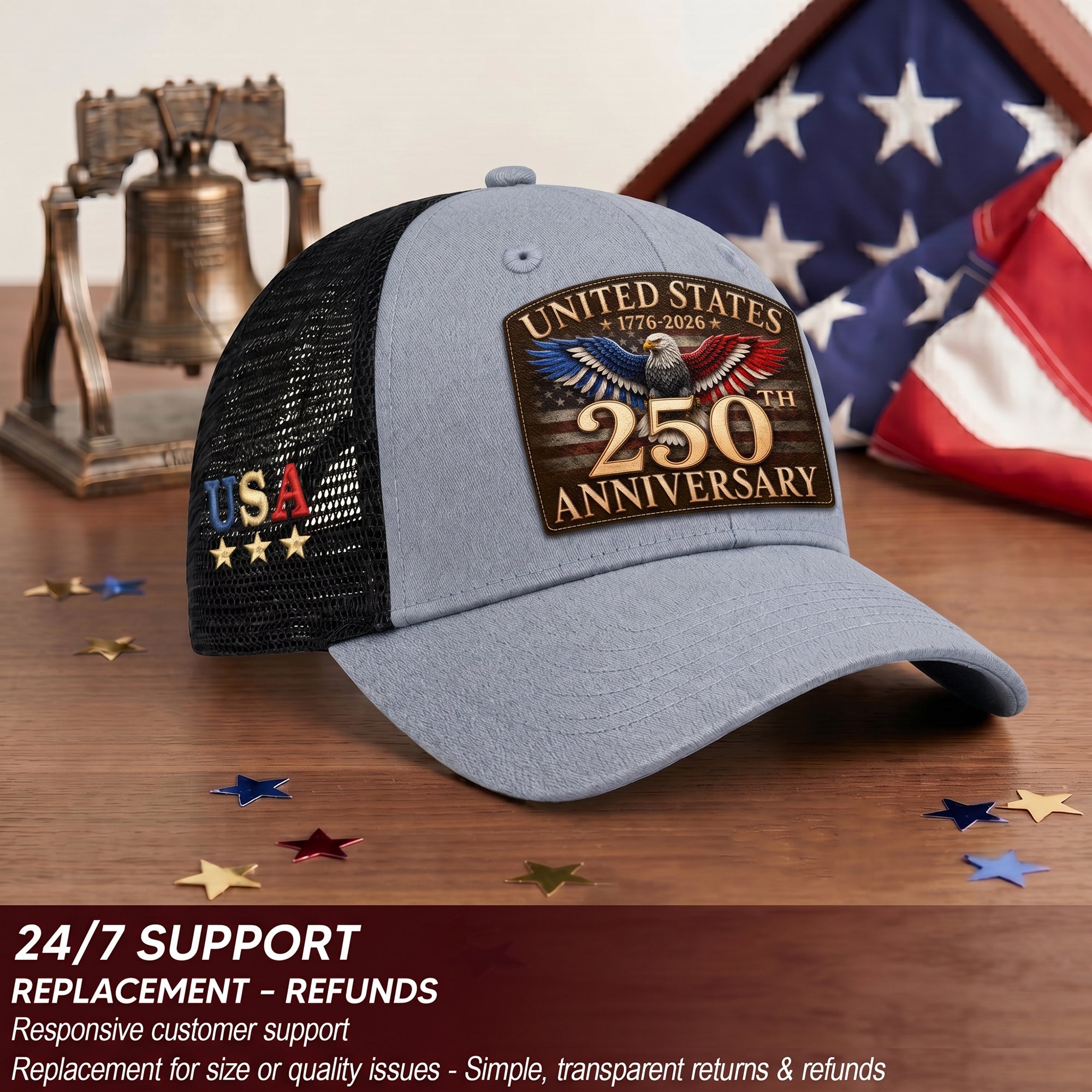United States 250th Anniversary Trucker Hat Leather Patch Gray Black Commemorative