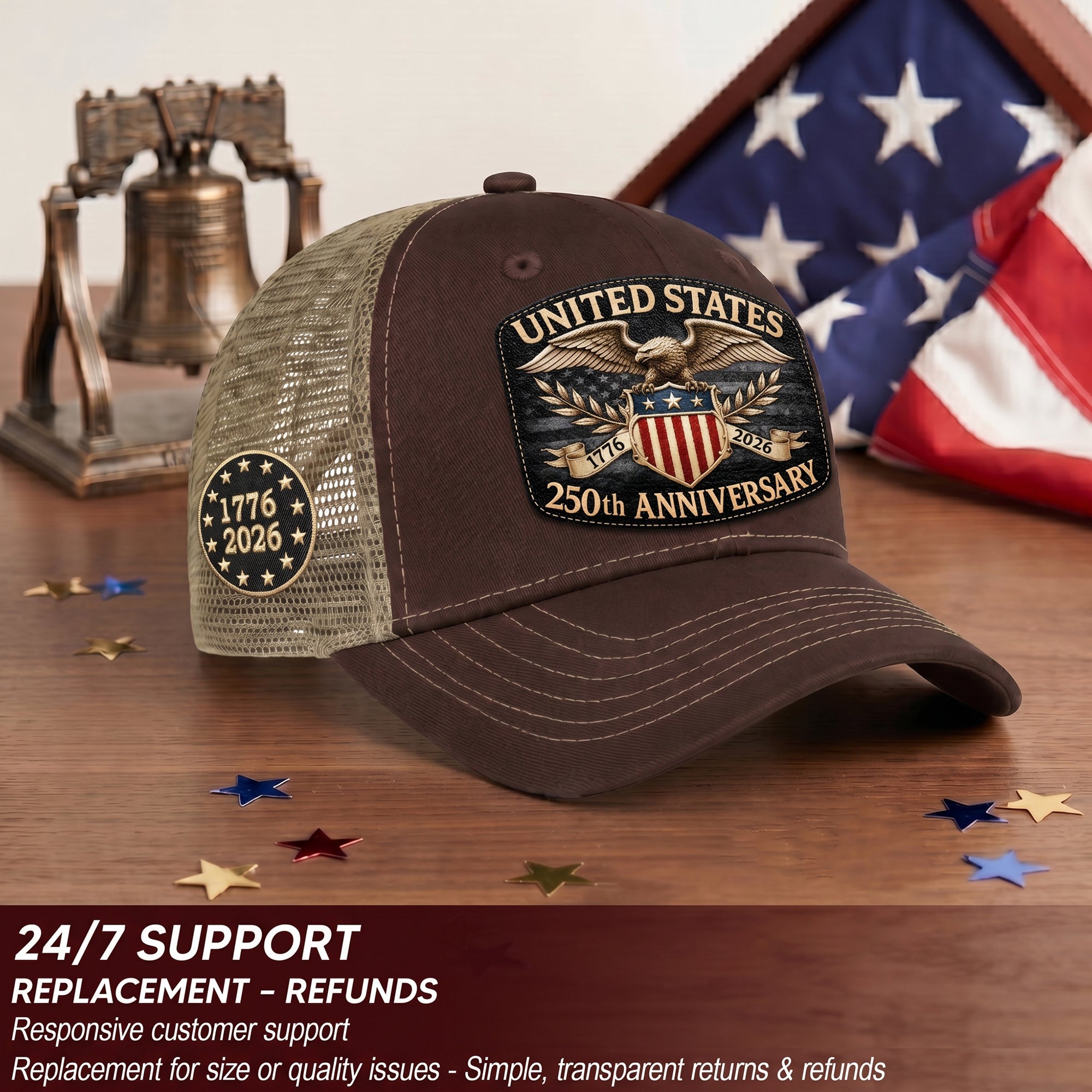 1776 to 2026 Anniversary Brown Tan Mesh Back Hat Leather Patch Trucker Cap