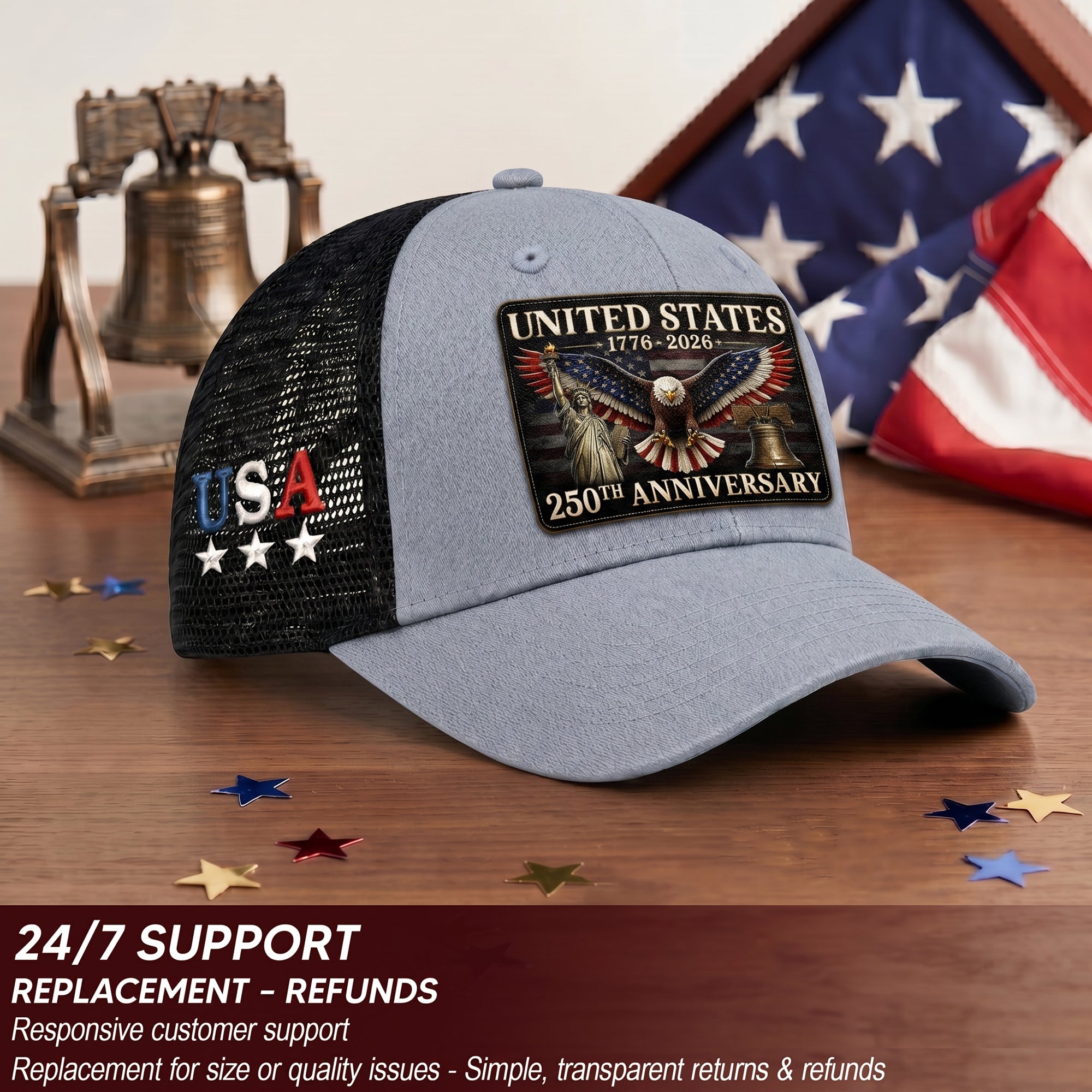 Gray Black Mesh Back Cap Leather Patch 1776 to 2026 Structured Anniversary Hat