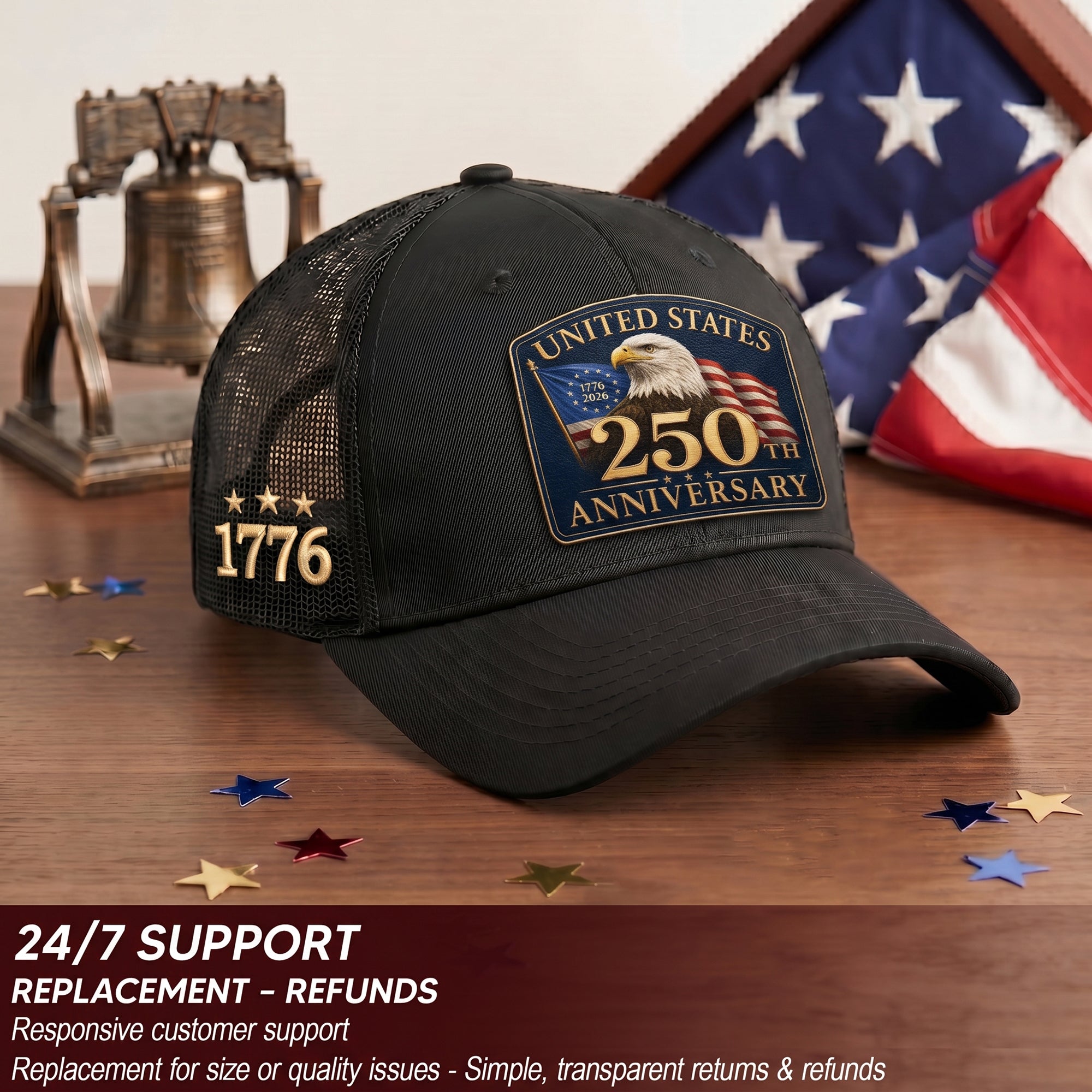 Structured Black Mesh Cap Leather Patch 1776 to 2026 Anniversary Headwear