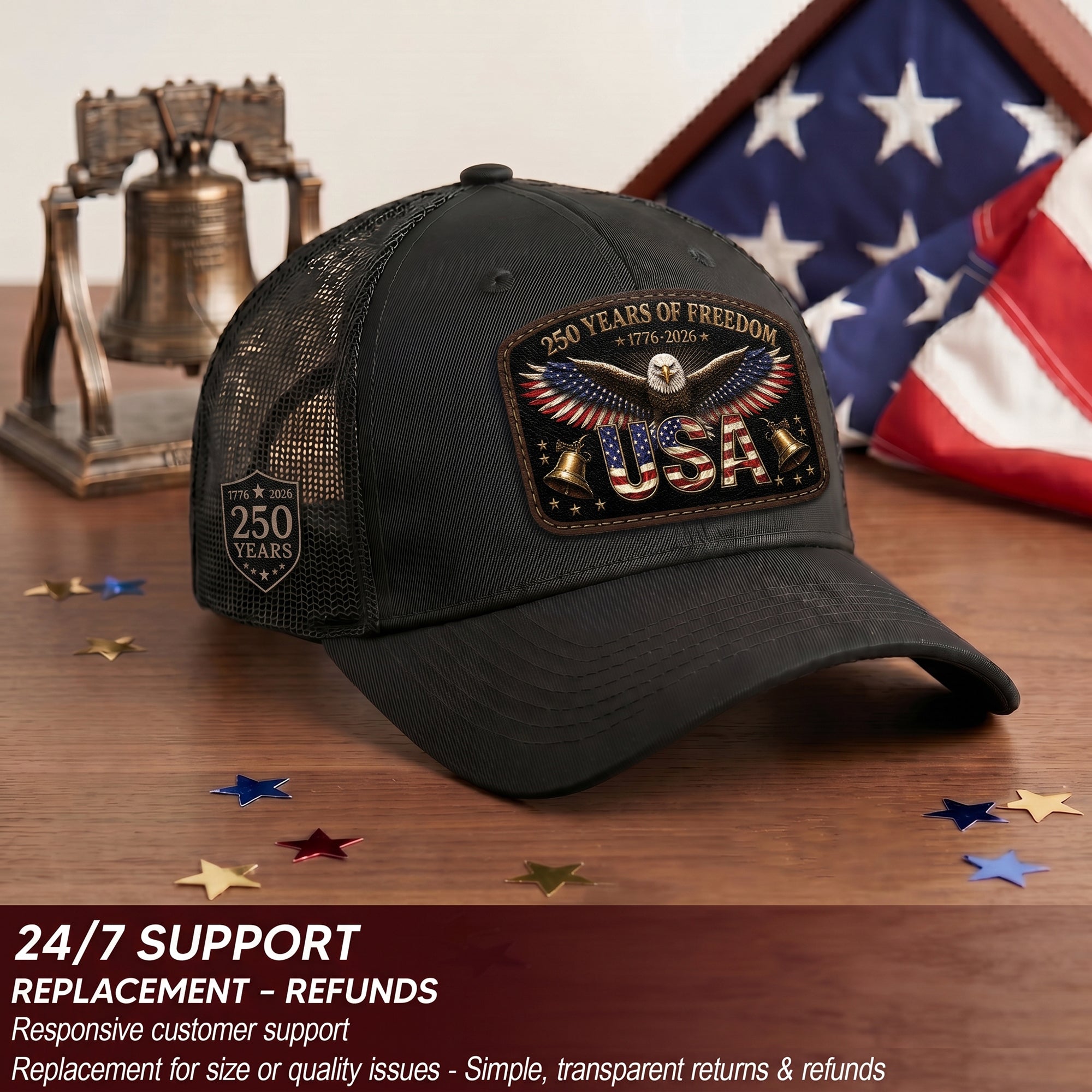 USA 250 Years Of Freedom Leather Patch Hat Patriotic Mesh Back Cap Black