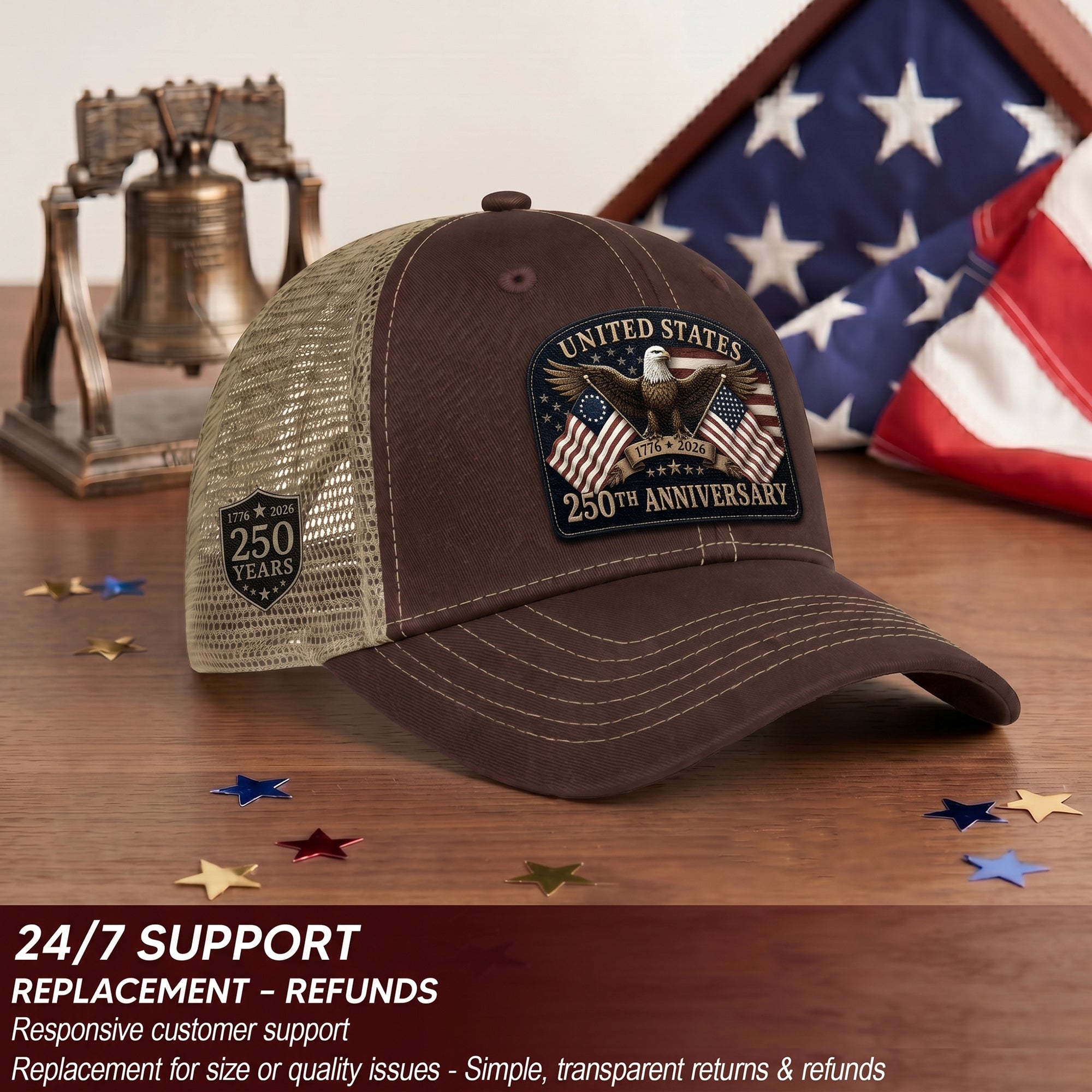Leather Patch Hat United States 250th Anniversary Patriotic Mesh Back Summer Cap