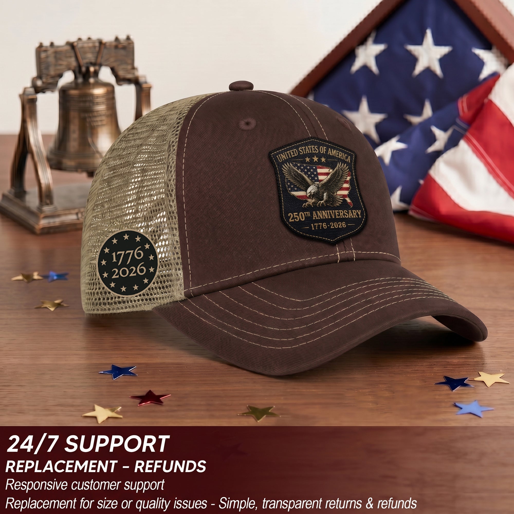 Vintage Style USA 250th Anniversary Leather Patch Hat Patriotic Mesh Back Cap
