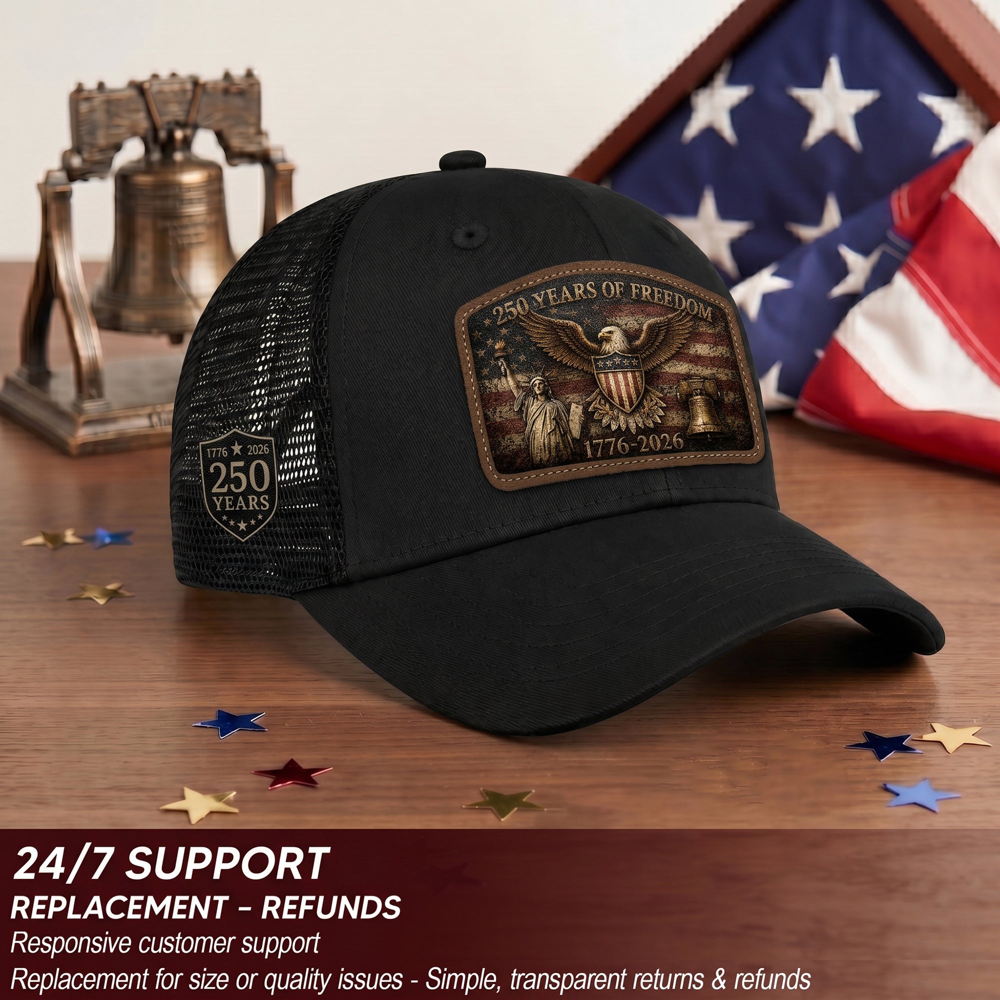 Black Patriotic Leather Patch Hat 250 Years Of Freedom USA Mesh Back Trucker Cap
