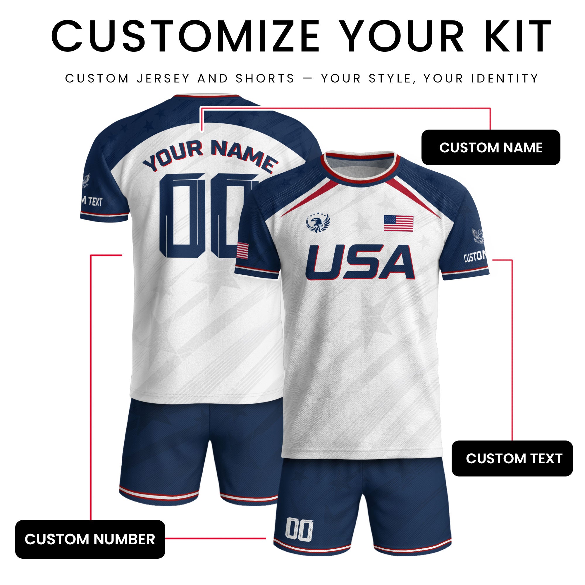 Custom Adult USA Soccer Jersey White Red Blue Patriotic American Team Football Shirt