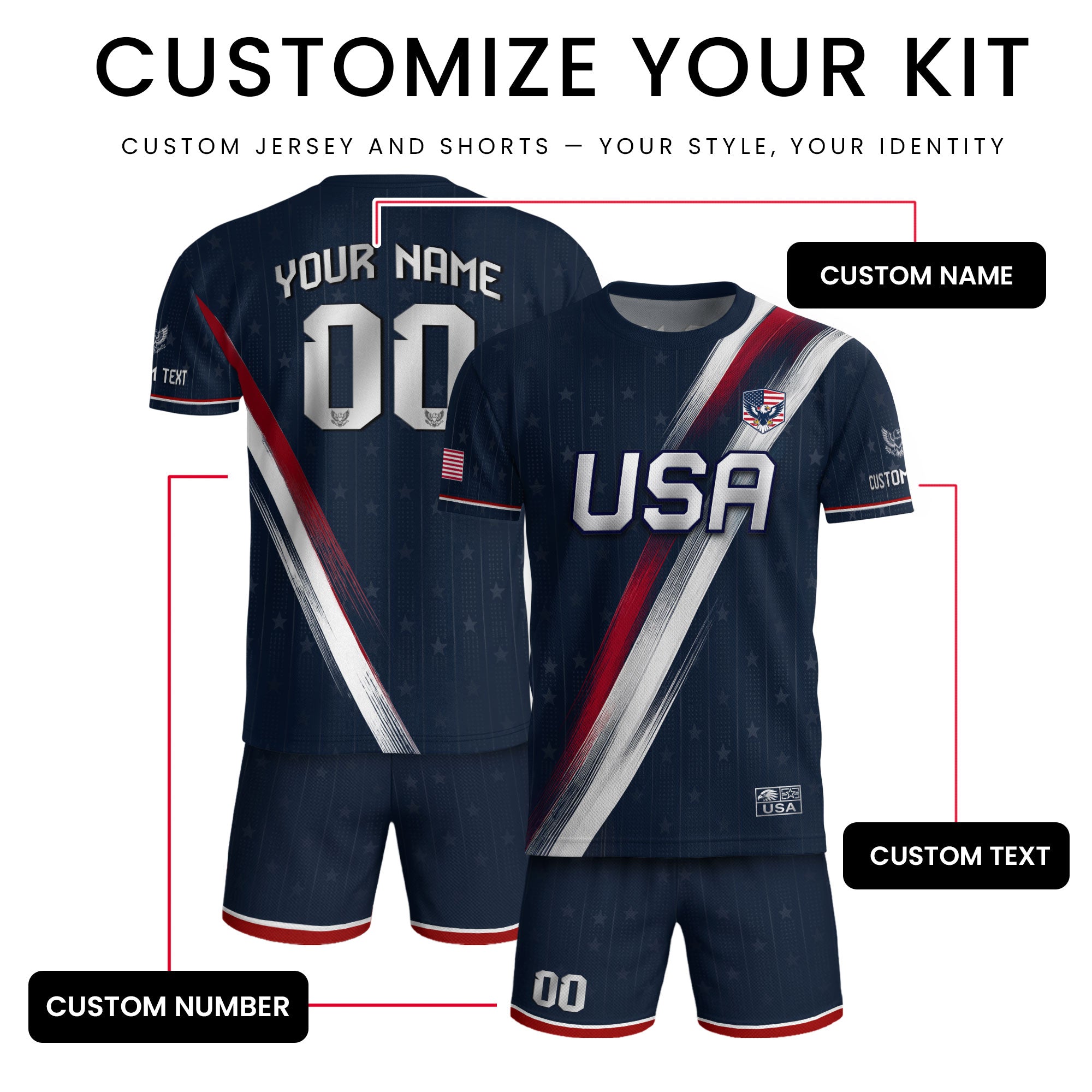 Custom Adult USA Soccer Jersey Navy Blue Patriotic American Eagle Team Football Shirt