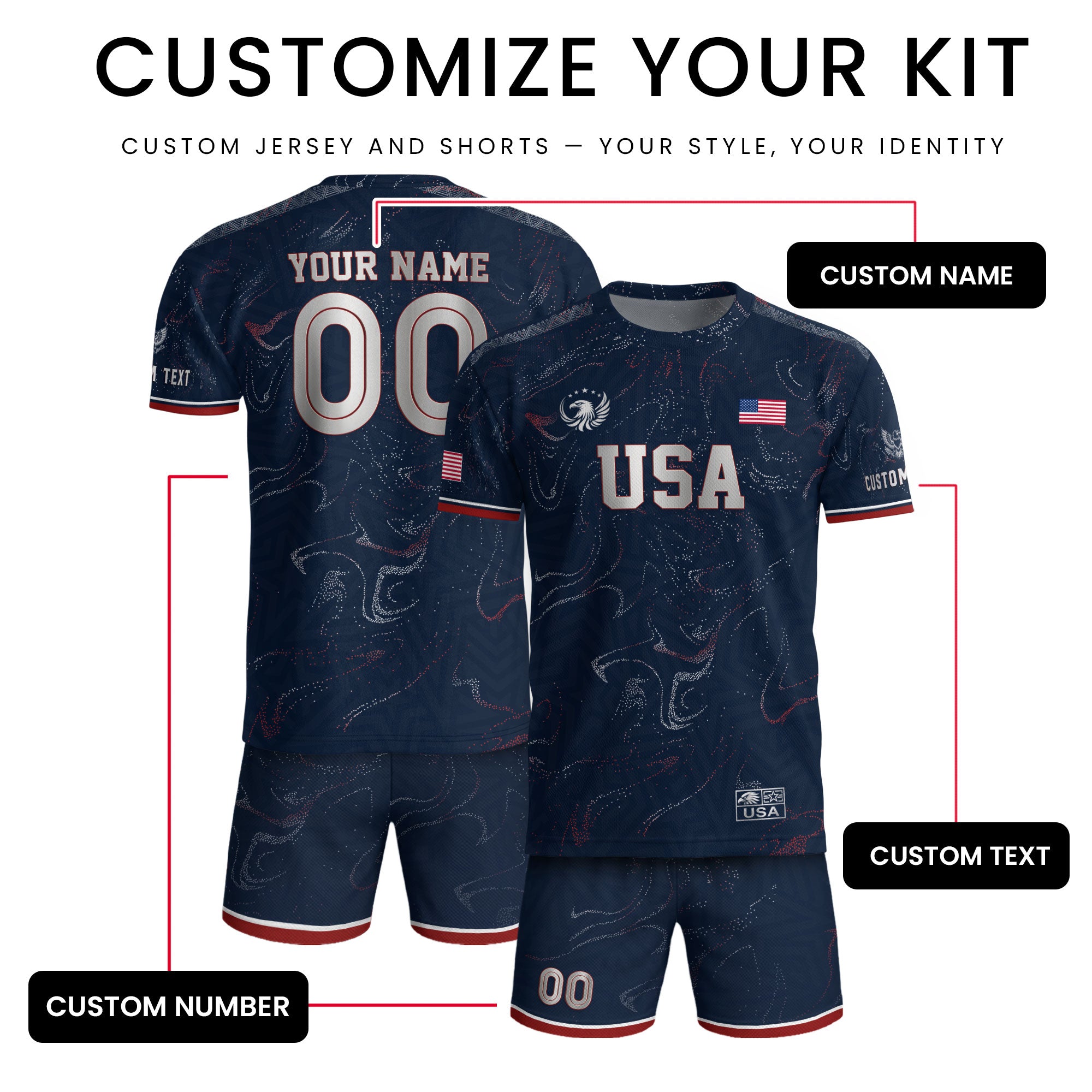 Custom Adult USA Soccer Jersey Navy Blue Patriotic American Flag Marble Football Shirt
