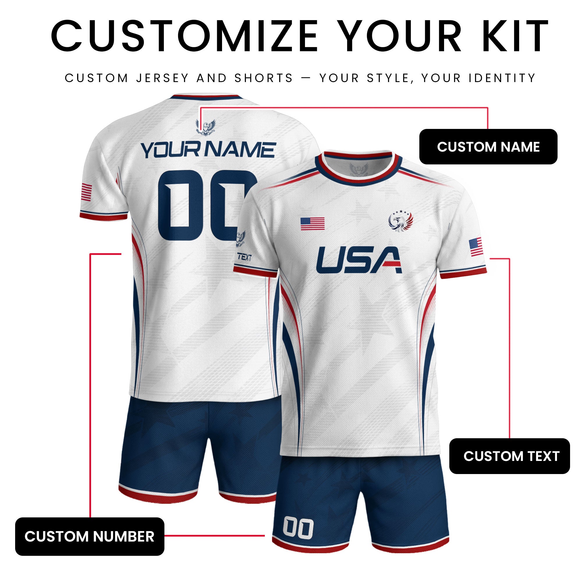 Custom White USA Soccer Jersey Personalized Adult Name Number Patriotic Sports Uniform