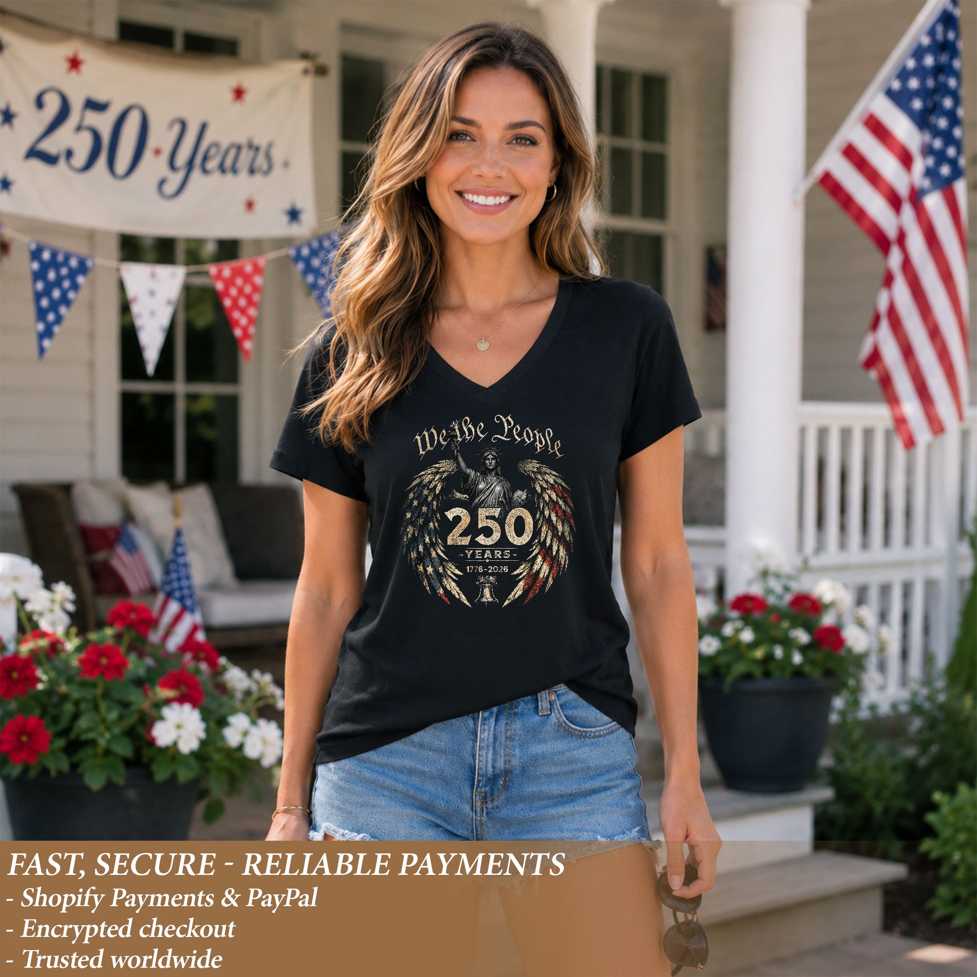 Women's Statue of Liberty V-Neck T-Shirt 250 Years Patriotic Freedom Anniversary Tee - Rust Field Wear