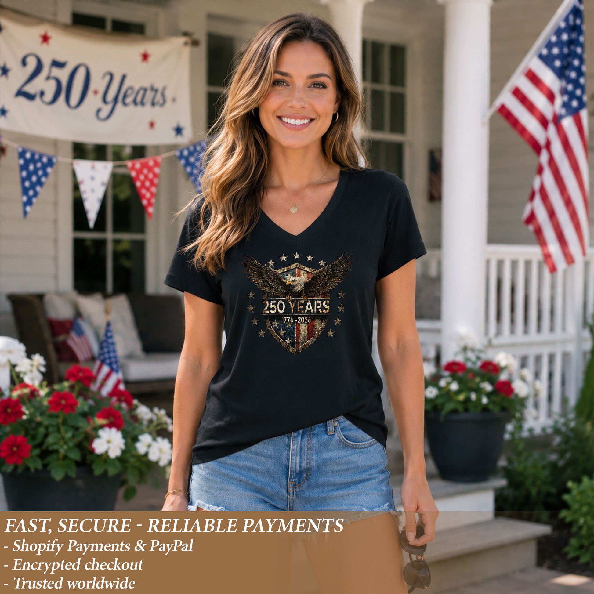 250 Years Women's V-Neck T-Shirt Eagle Shield Patriotic Freedom 1776-2026 Tee - Rust Field Wear