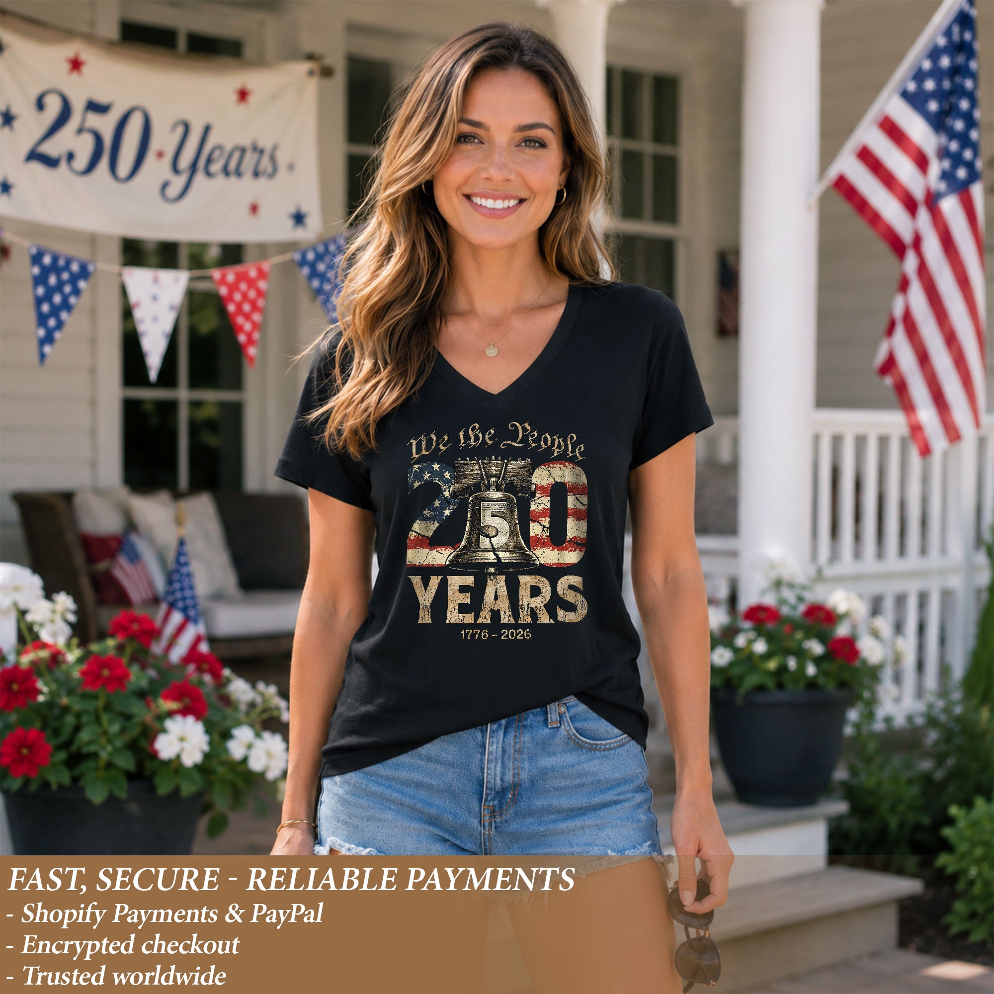 Women's Patriotic Heritage V-Neck Shirt We The People 250 Years Freedom Tee - Rust Field Wear