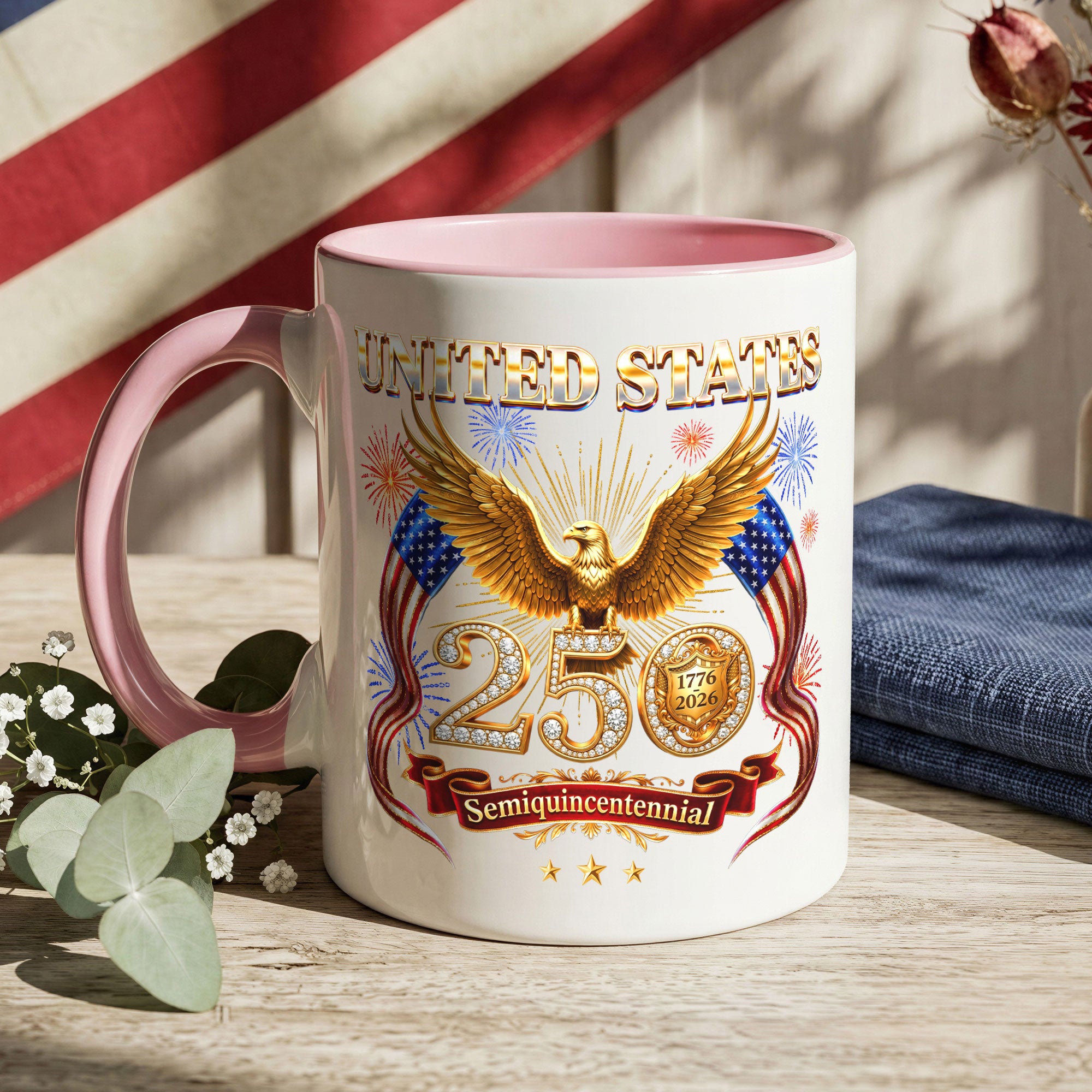 United States 1776 2026 Accent Mug - Patriotic Golden Eagle US Flag Gift Cup