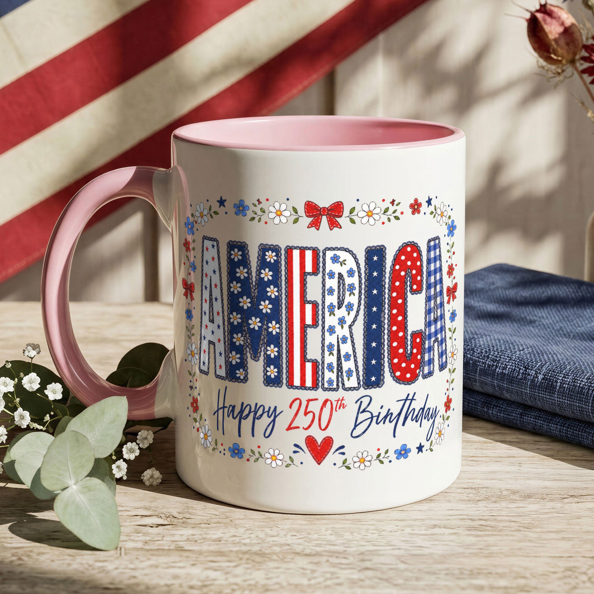 Cute America Floral Mug - Happy 250th Birthday Patriotic US Coquette Bow Ceramic Cup