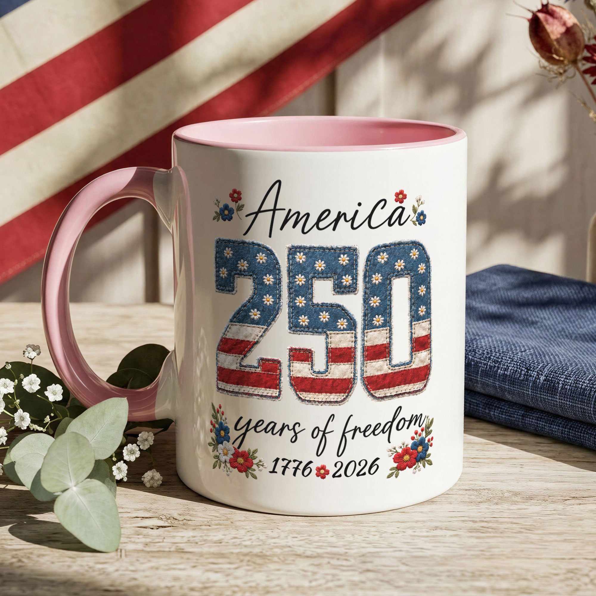 Cute America 250 Years Mug - Patriotic Floral US Anniversary Rim Ceramic Cup