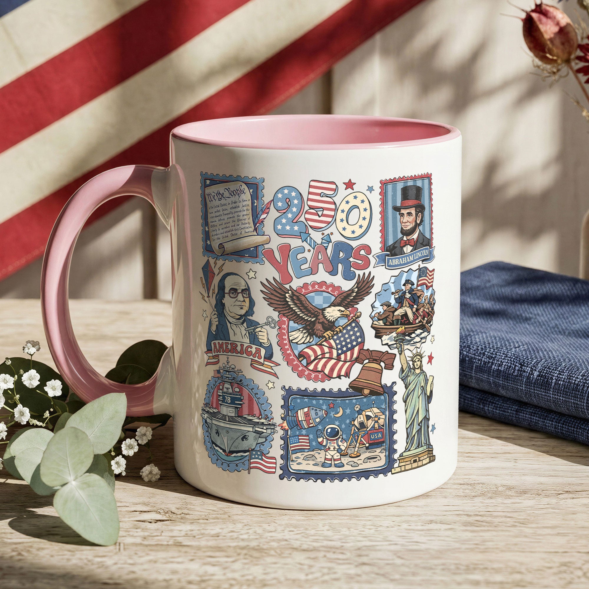 250 Years US History Stamp Accent Mug - Vintage Patriotic American Heritage Cup