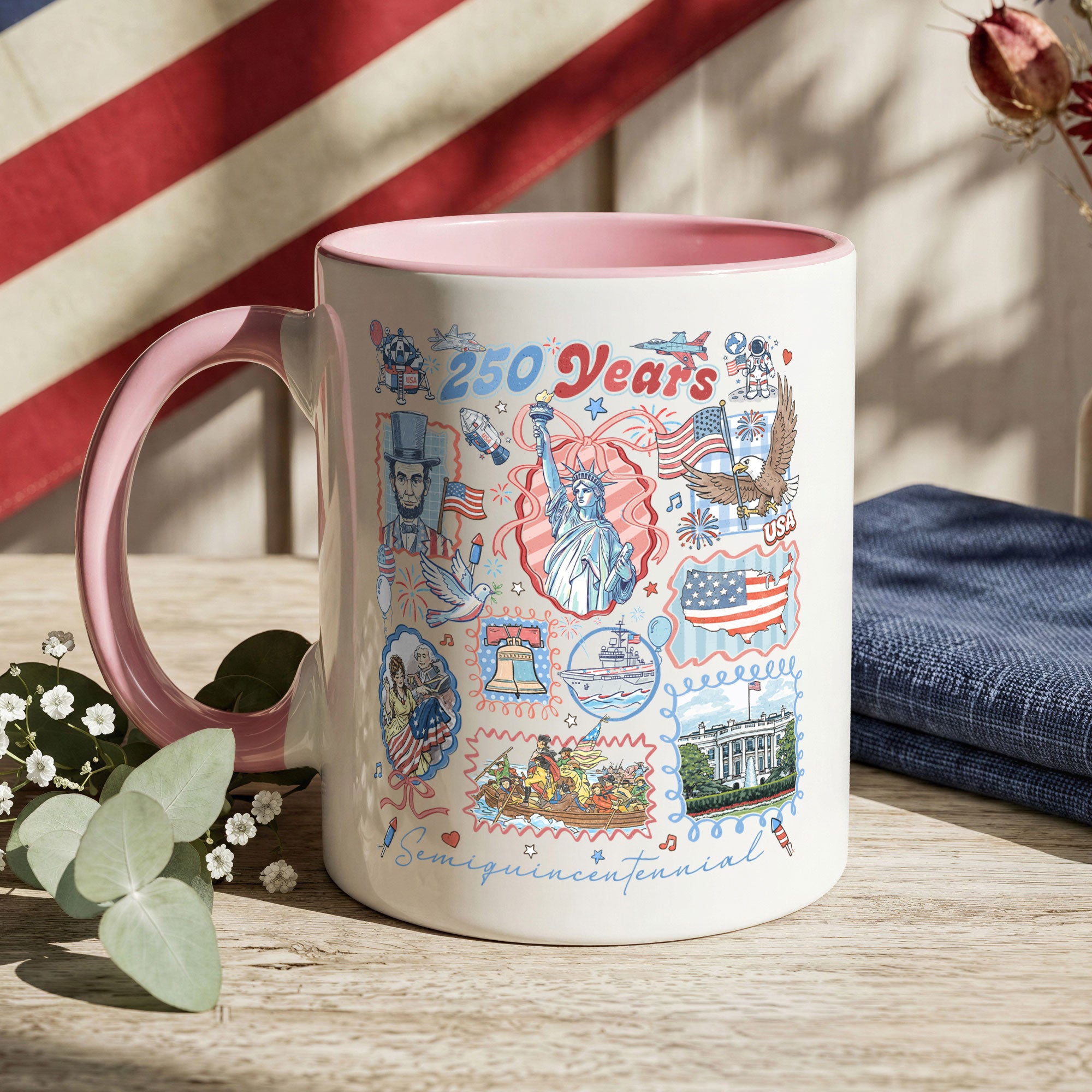 250 Years US Freedom Edition Accent Mug - Retro American History Icons Gift Cup