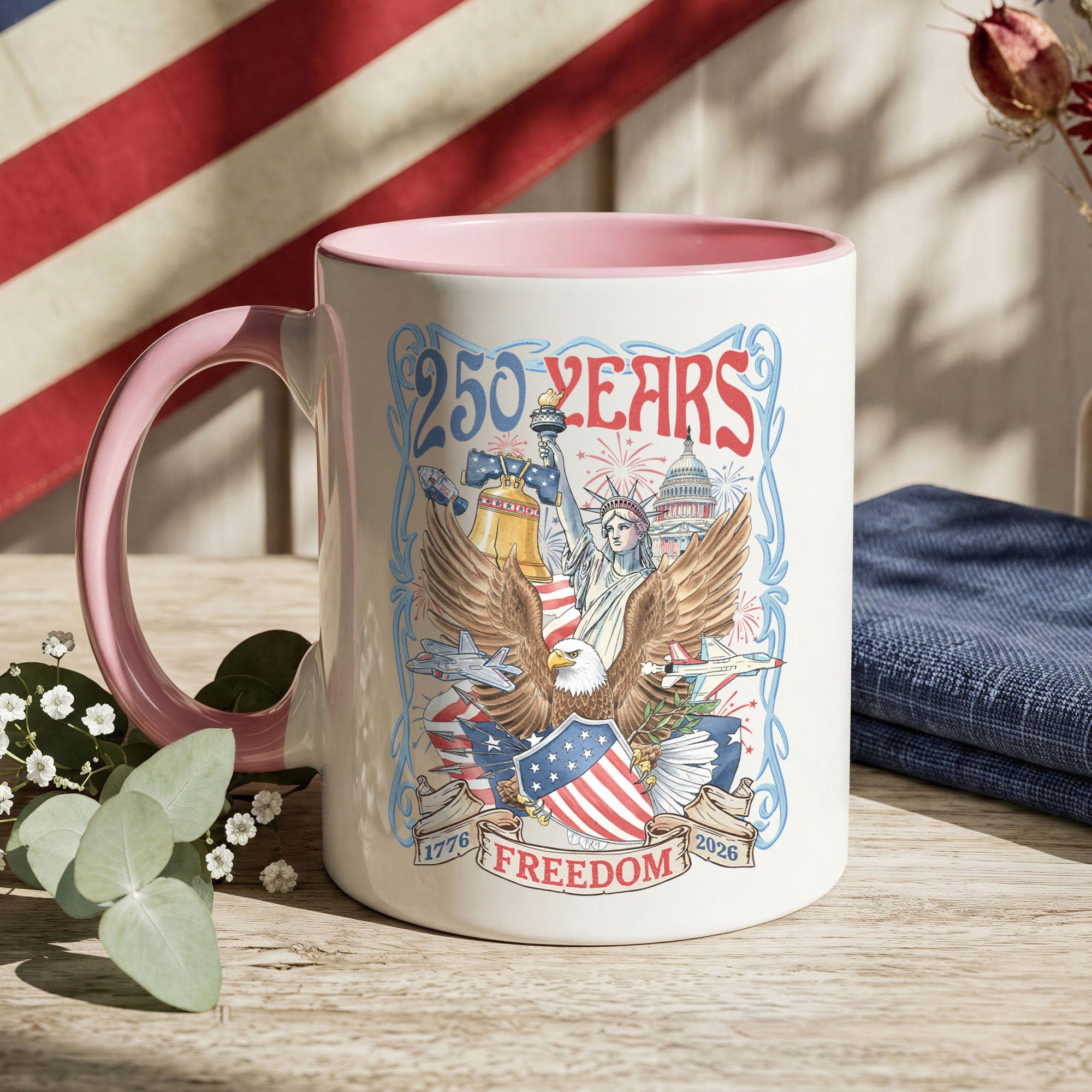 250 Years Freedom Edition Accent Mug - Retro Eagle Liberty Bell 1776 2026 Gift Cup