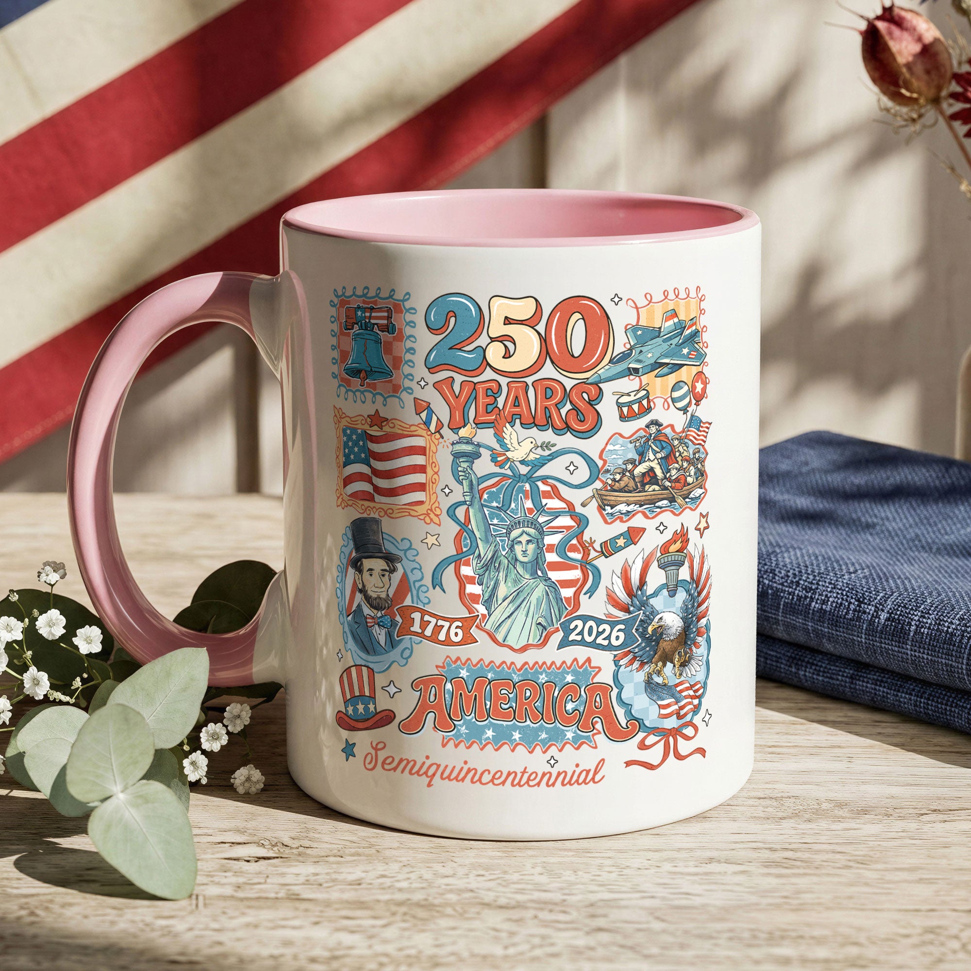 250 Years American Legacy Accent Mug - Vintage Doodle Stamps Historical Patriotic Gift Cup