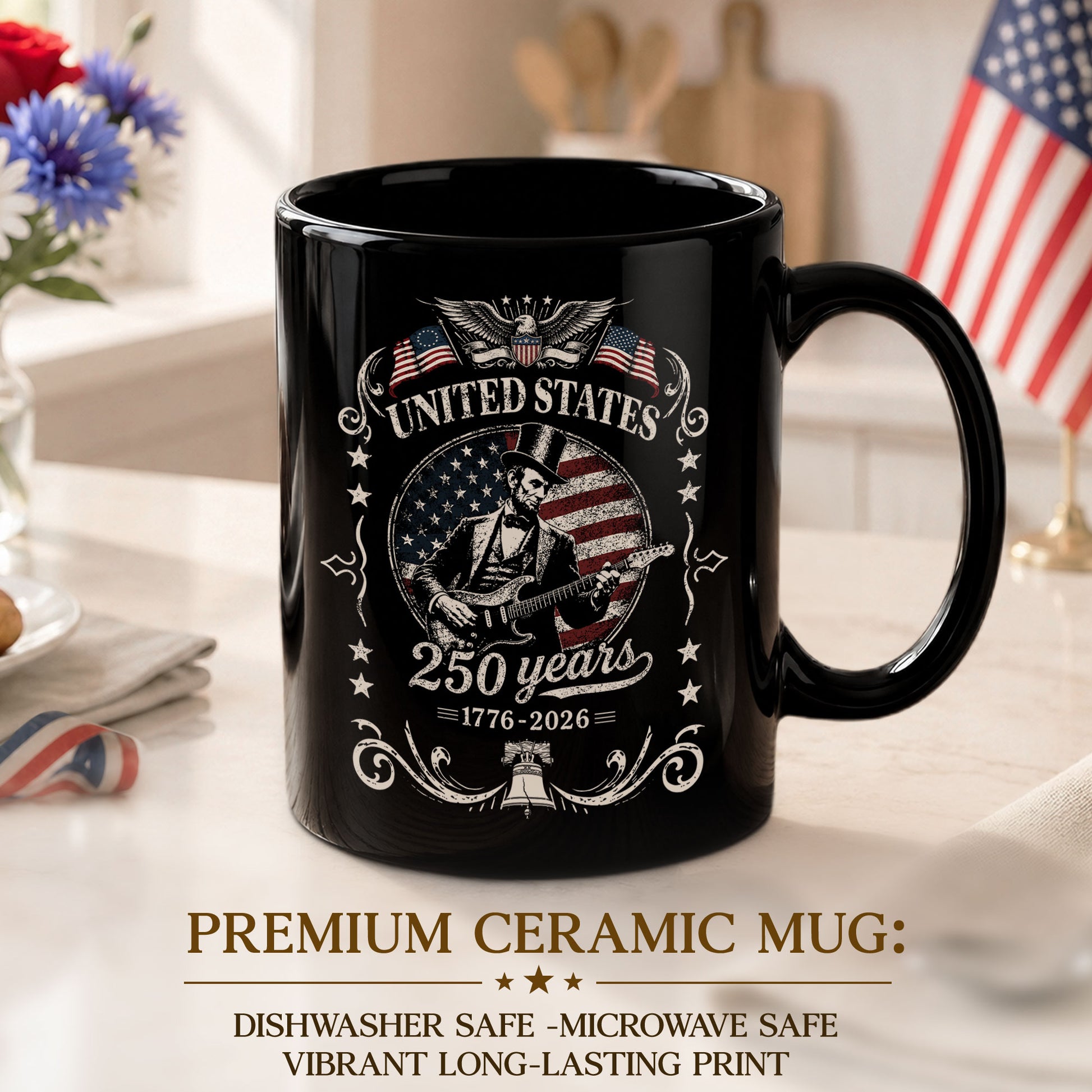 Abraham Lincoln Guitar Mug - 250 Years 1776-2026 Patriotic US Anniversary Cool Music Gift - Rust Field Wear