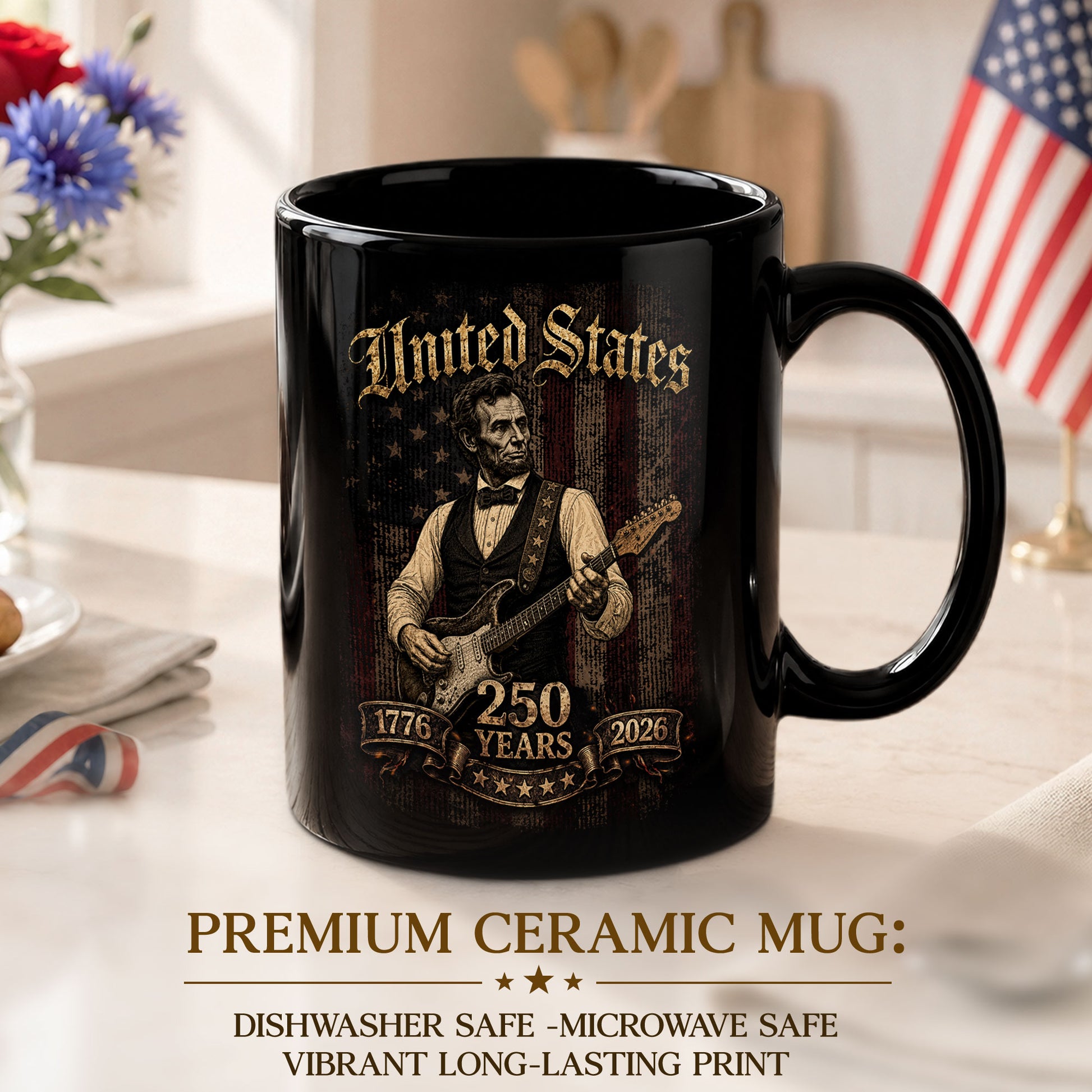 Abraham Lincoln Guitar Mug - Vintage 250 Years 1776-2026 Patriotic US Rock Music Gift - Rust Field Wear