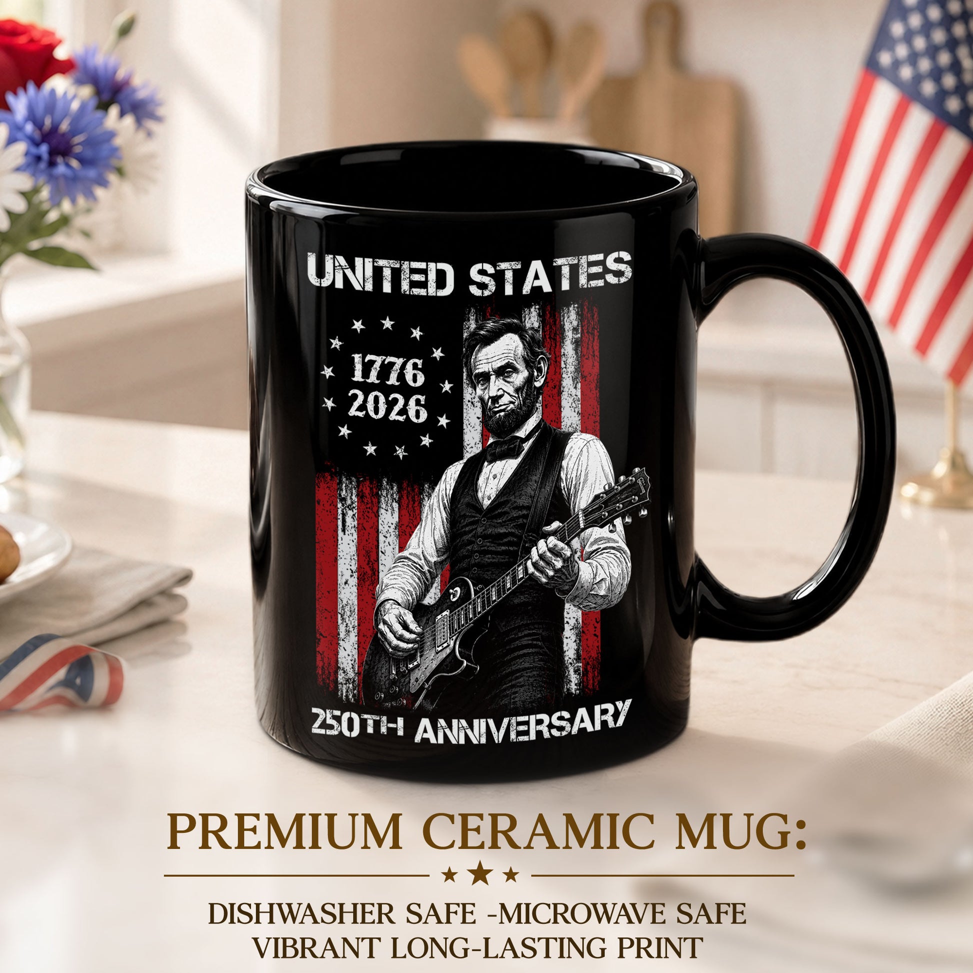 United States 250th Anniversary Mug Abraham Lincoln Guitar US Flag 1776 2026 - Rust Field Wear