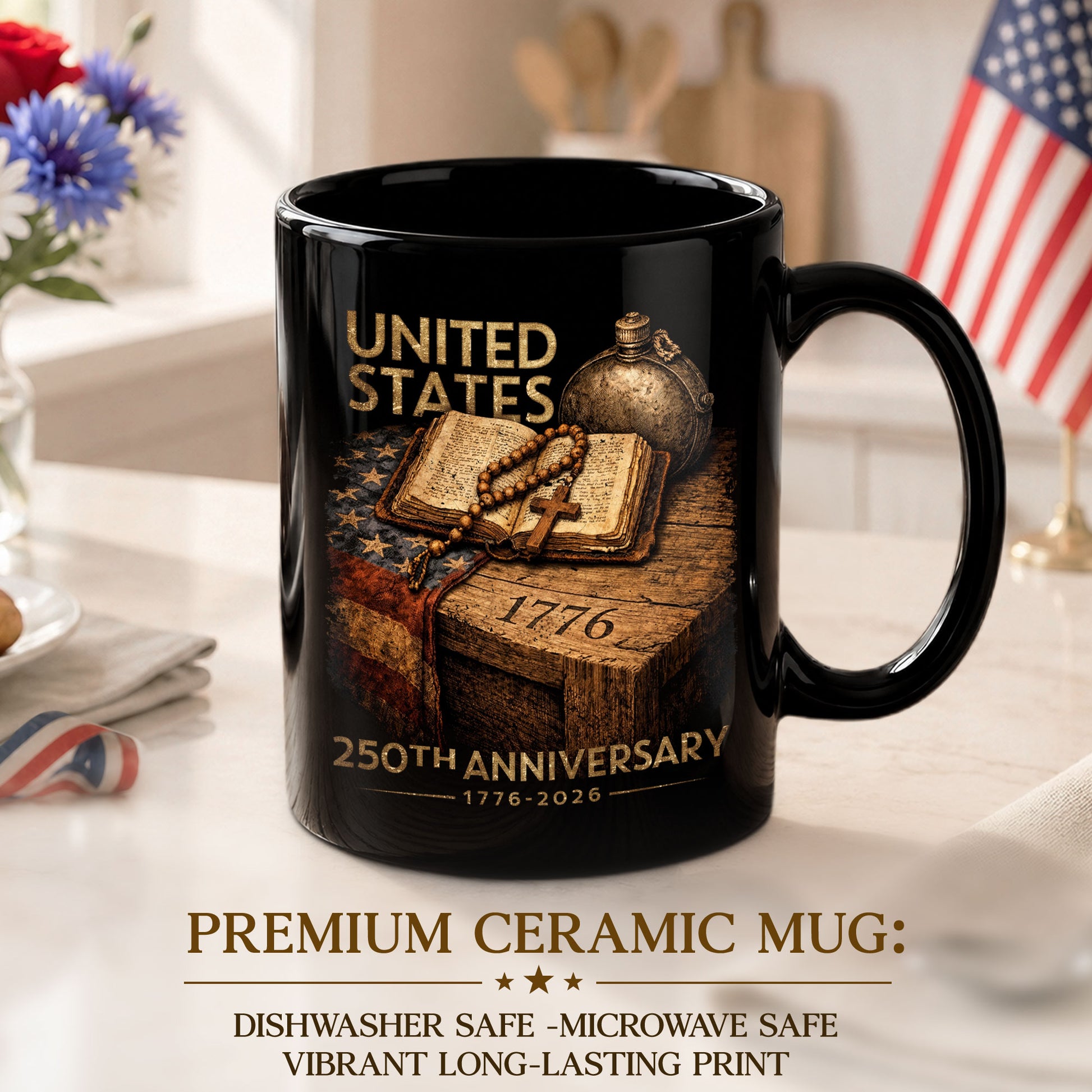 1776 2026 Mug 250th Anniversary United States Patriotic Bible Cross Ceramic - Rust Field Wear