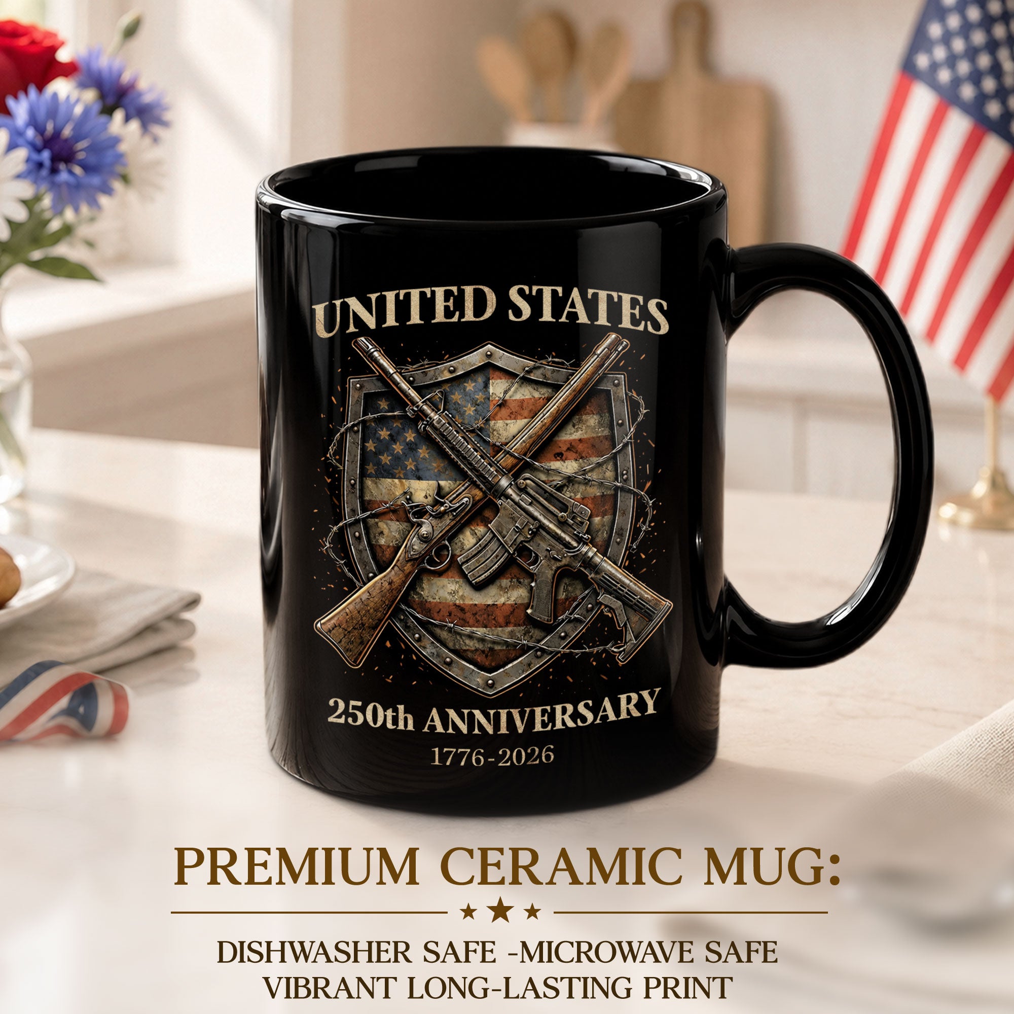 1776 2026 Mug 250th Anniversary United States Patriotic Rifle Shield Ceramic upsale